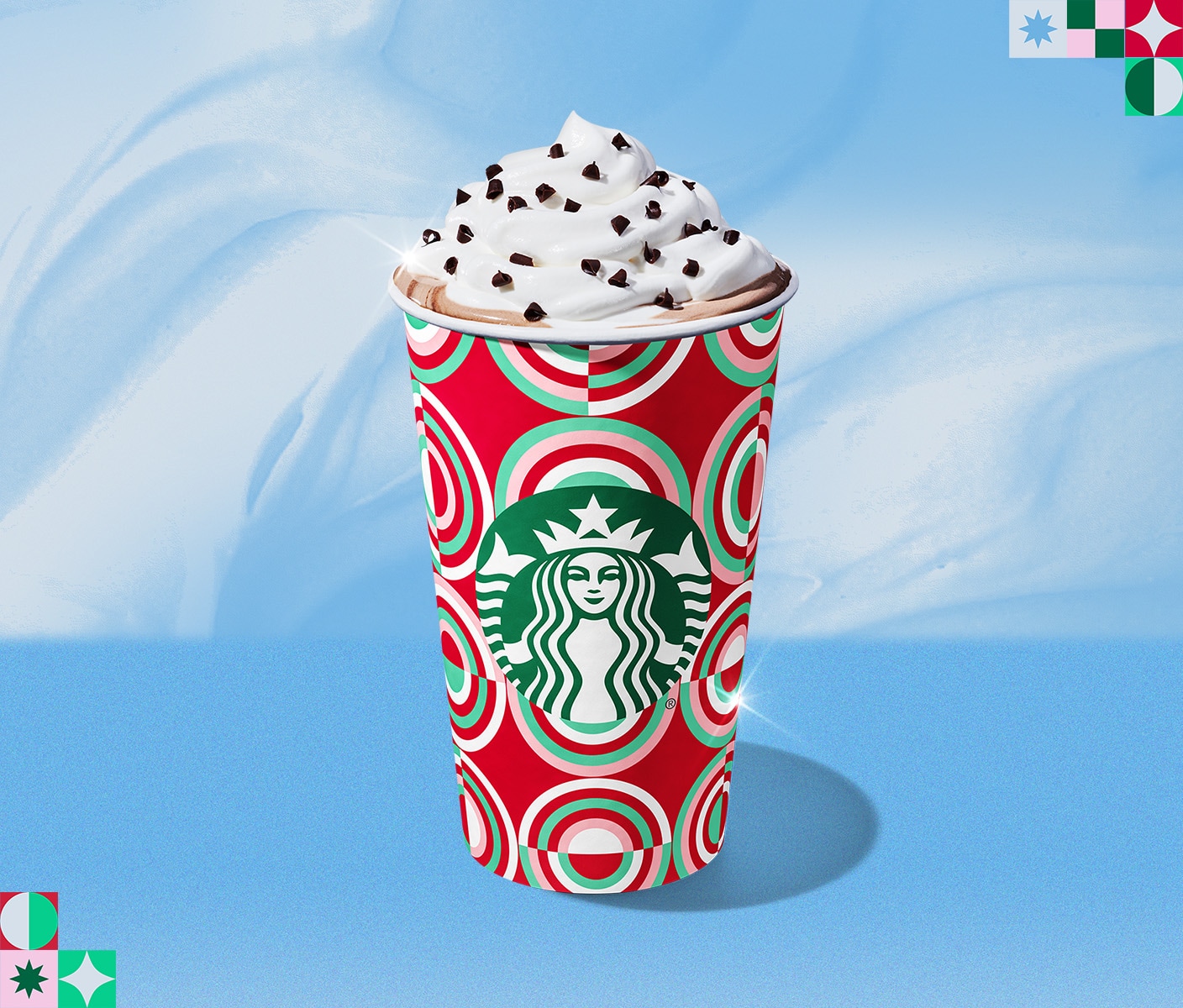starbucks product shot of peppermint mocha on blue background