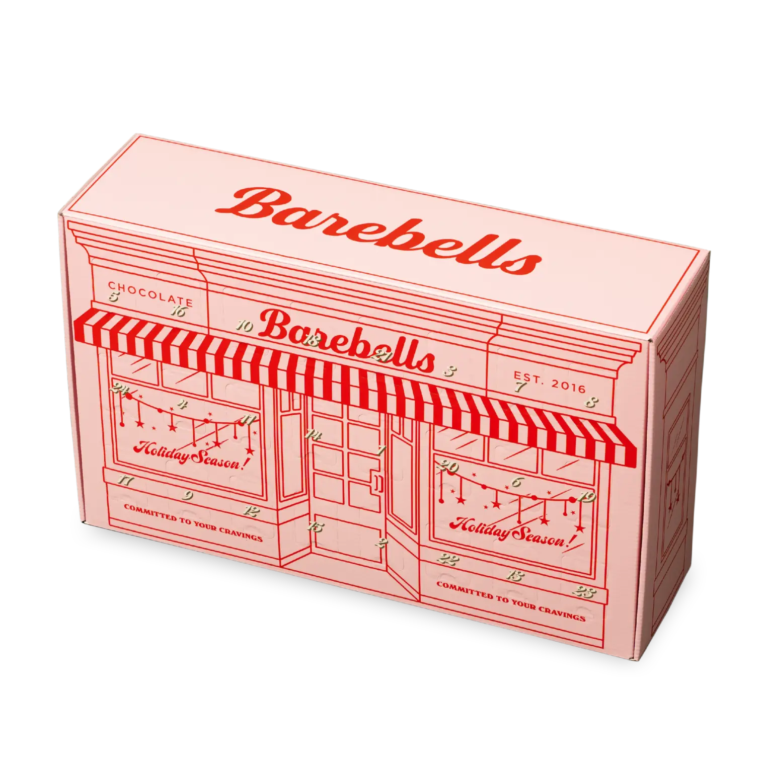 pink box with a storefront drawing on it in red that reads Barebells