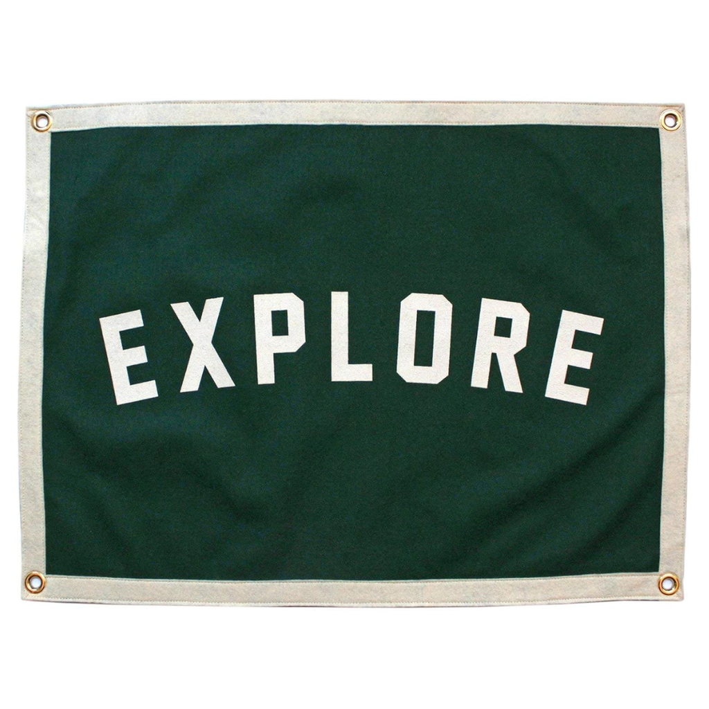 green fabric banner with white \