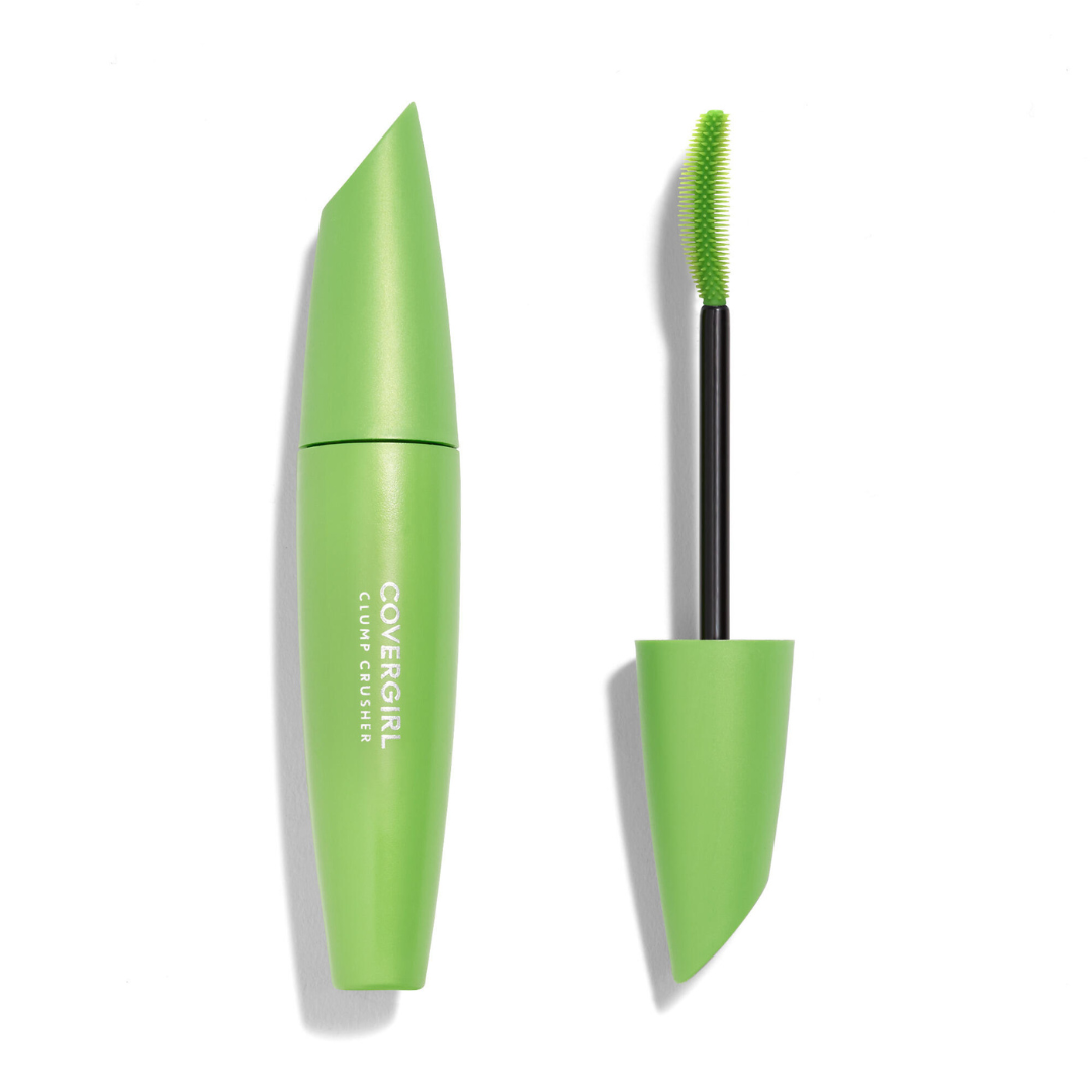 Green mascara tube with a black brush, showcasing eye makeup.