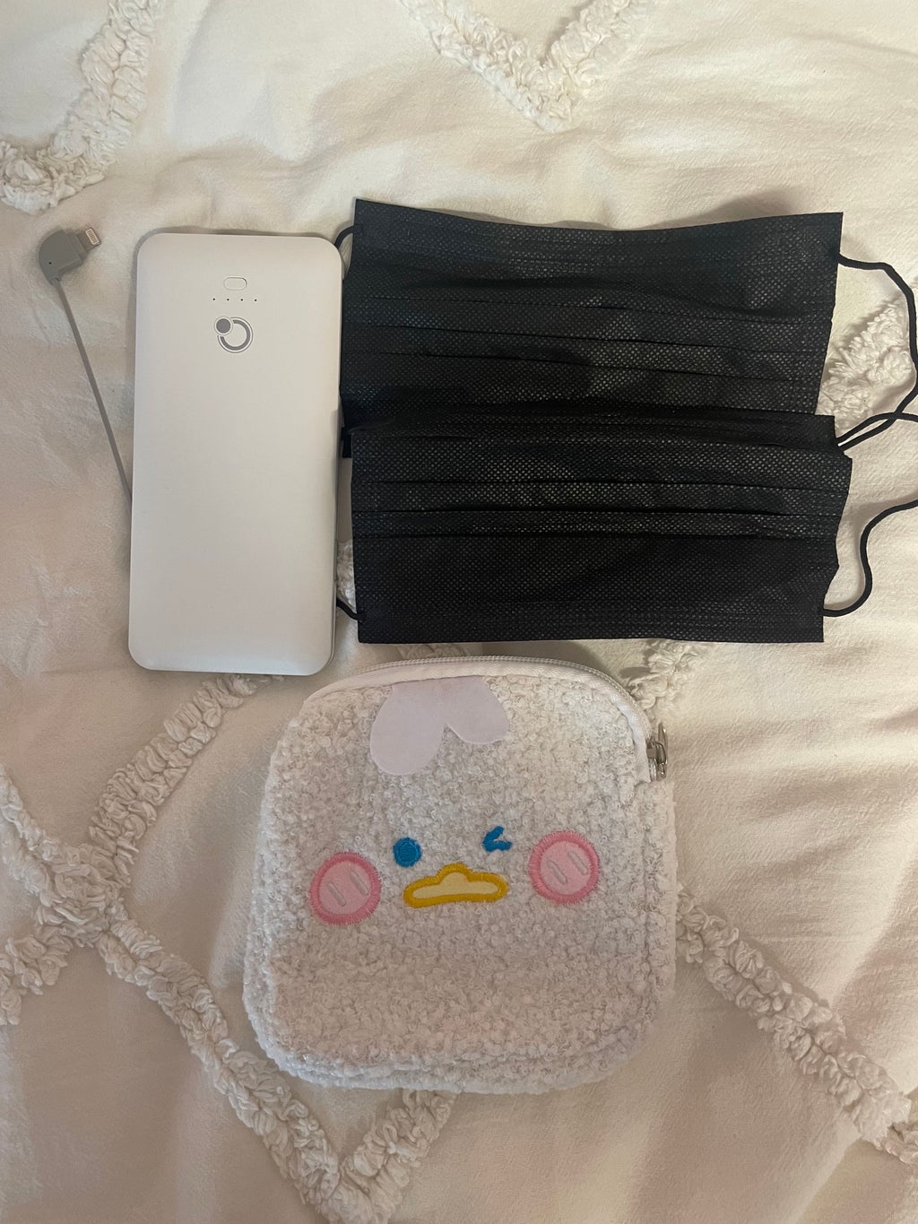 portable charger, masks, and wallet