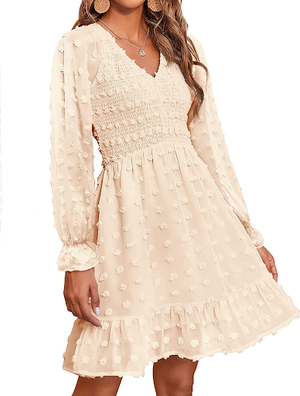 white dotted long sleeve babydoll dress spring outfits