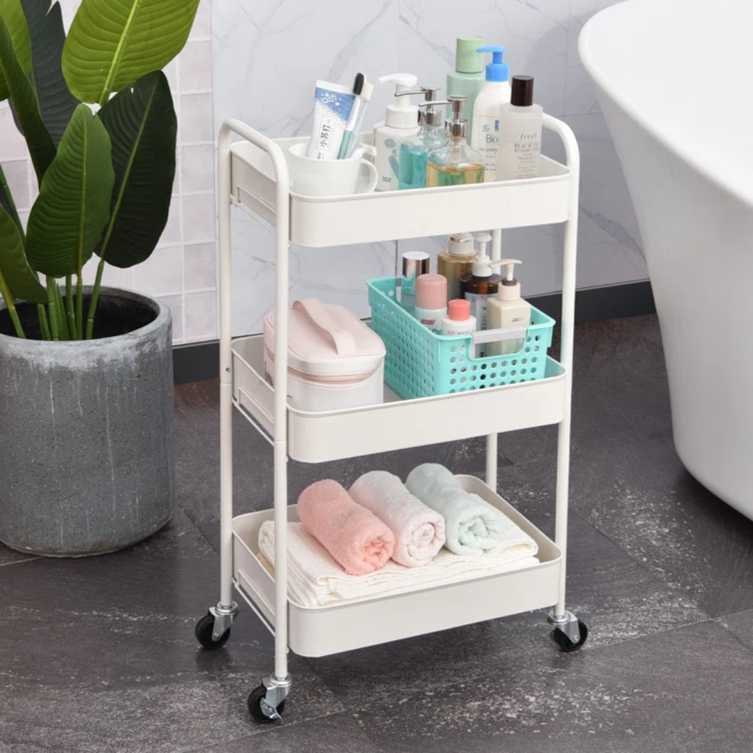 white stainless-steel rolling cart with three shelving tiers