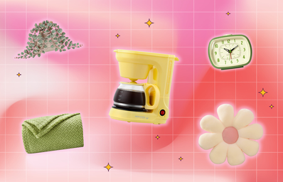 pink background with images of a fake plant, blanket, coffee maker, alarm clock, and flower pillow