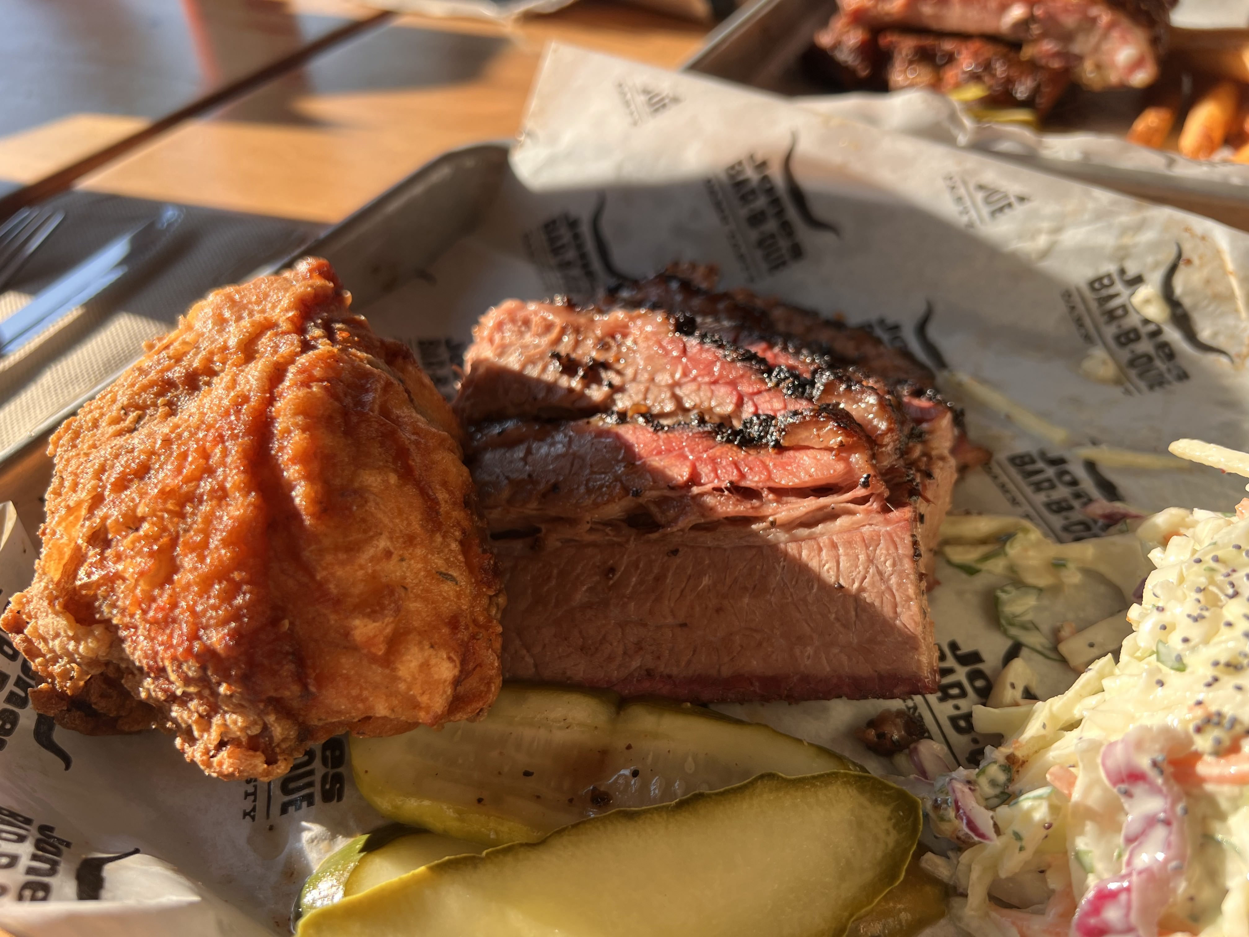 ribs and chicken from bray\'s on tray with coleslaw