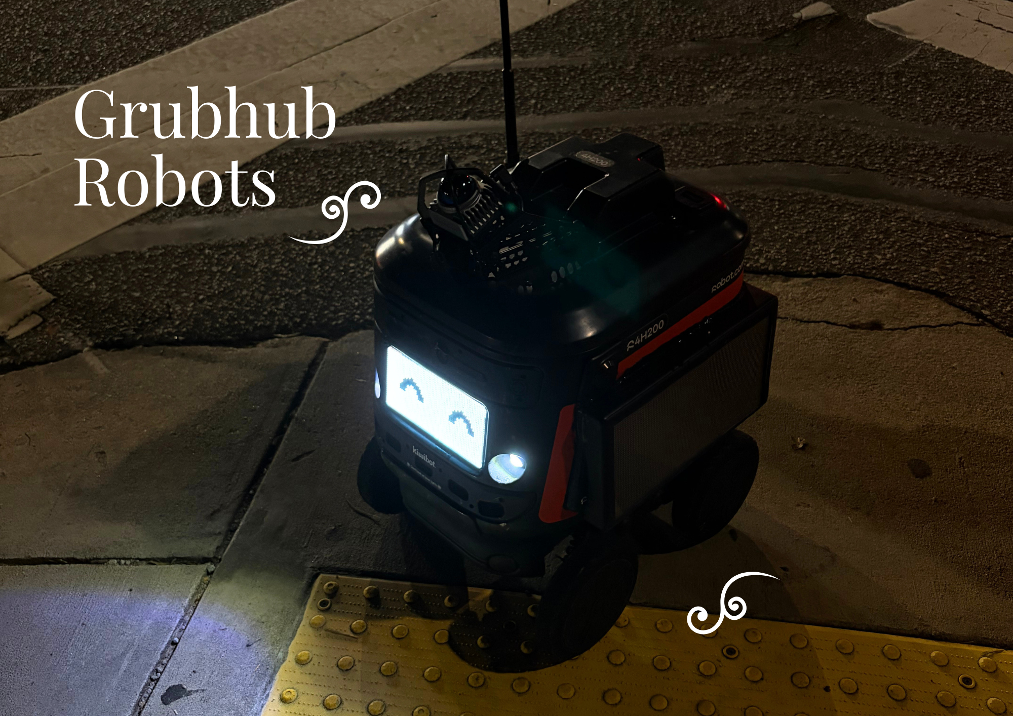 Grubhub robot at University of South Carolina Columbia campus. Text and graphic added on Canvas. Picture taken by me.