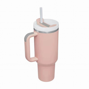 Light pink insulated tumbler with handle and straw