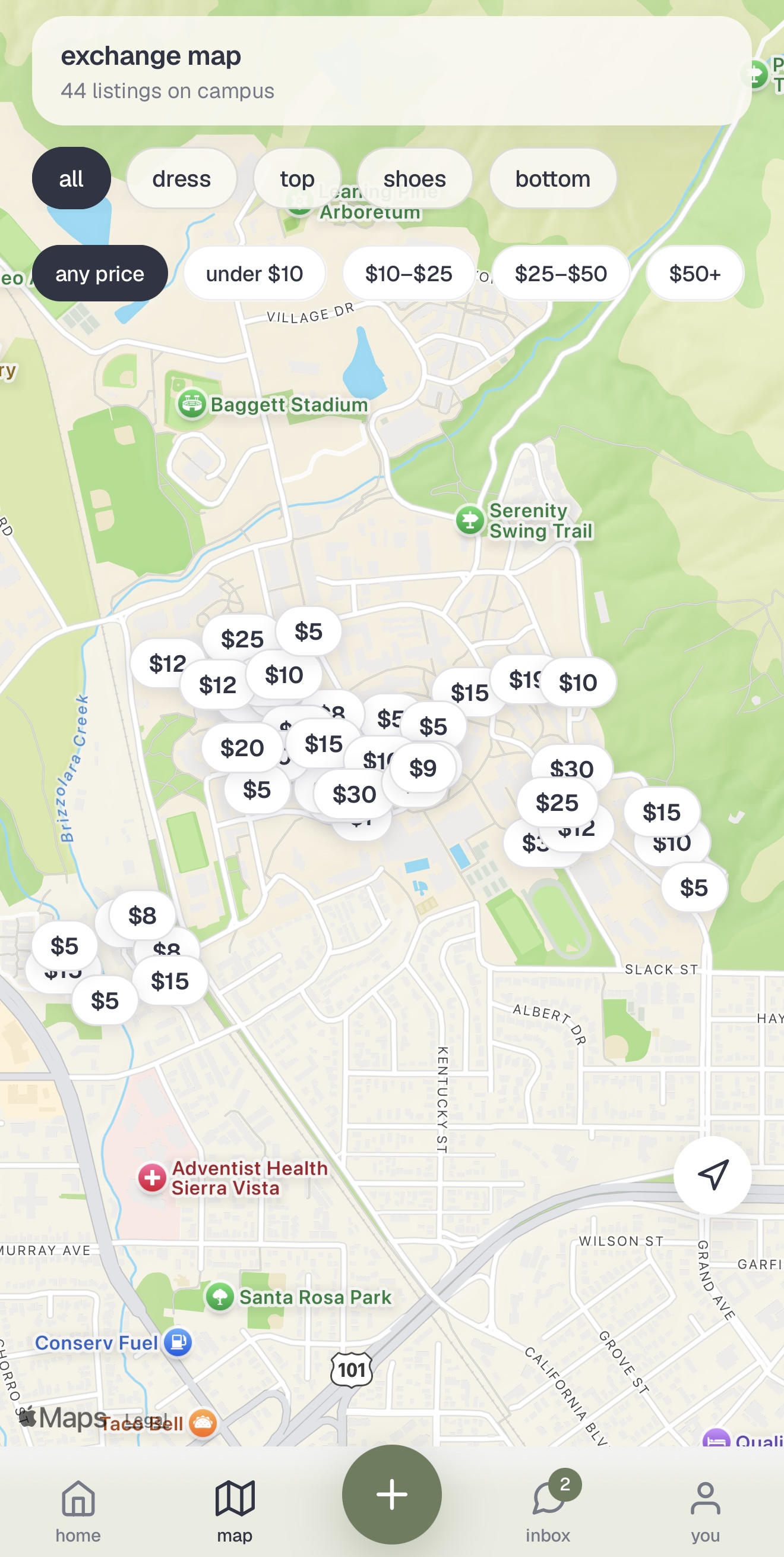 Map of prices for clothing items listed on ClosetU app in San Luis Obispo