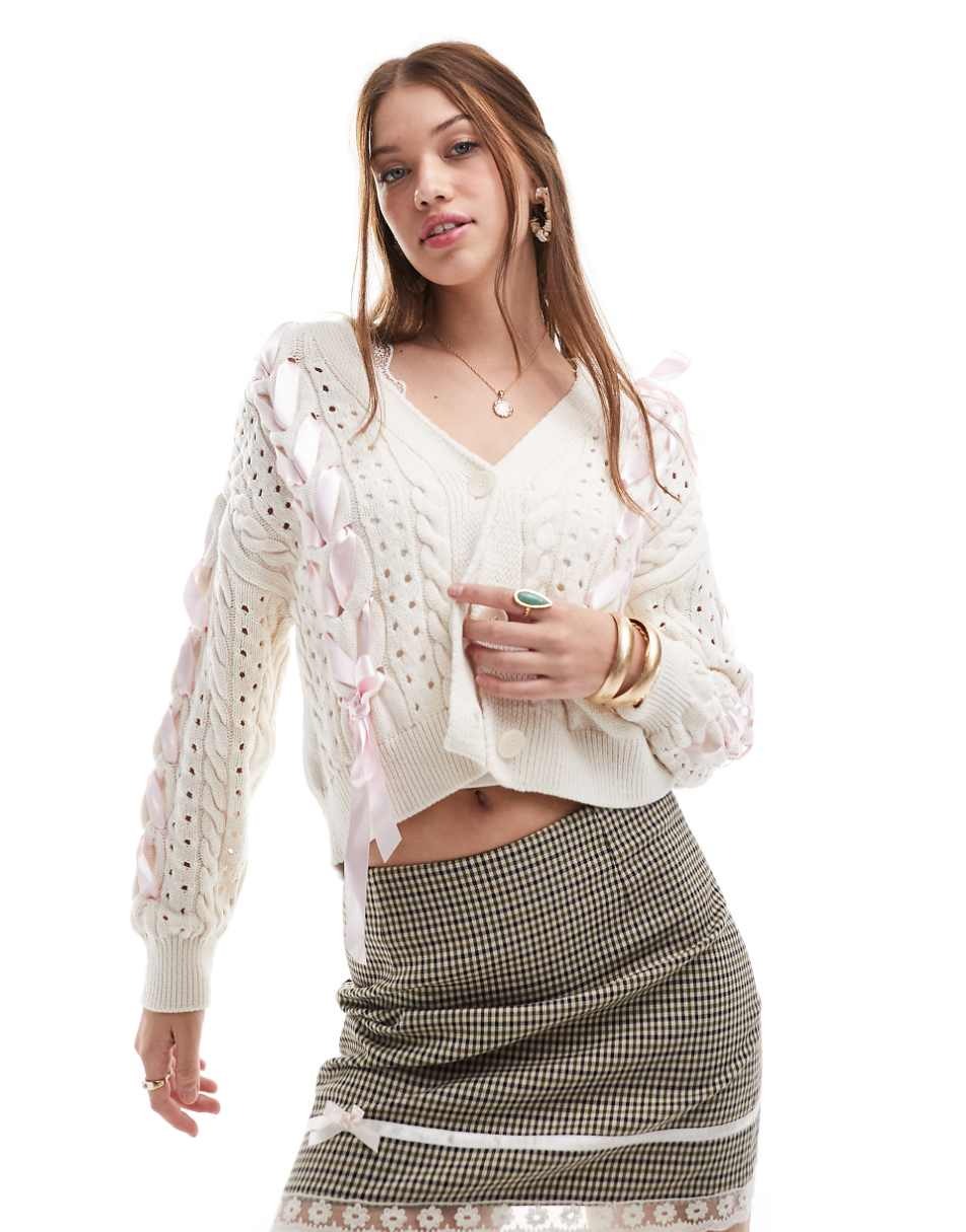 Miss Selfridge Knit Cardigan With Satin Bows