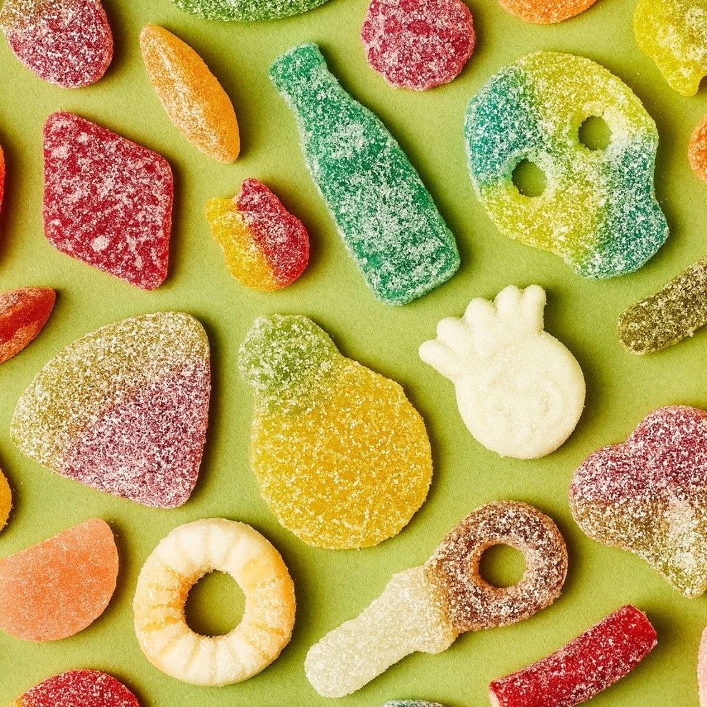 a collection of sour Swedish candies