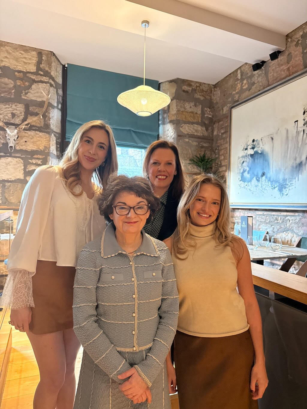 Professor Dame Sally Mapstone with our president Lily Andrews, Editor in Chief Adele Spitz, and owner of the Adamson Julie Dalton at the HC St Andrews Breakfast Club