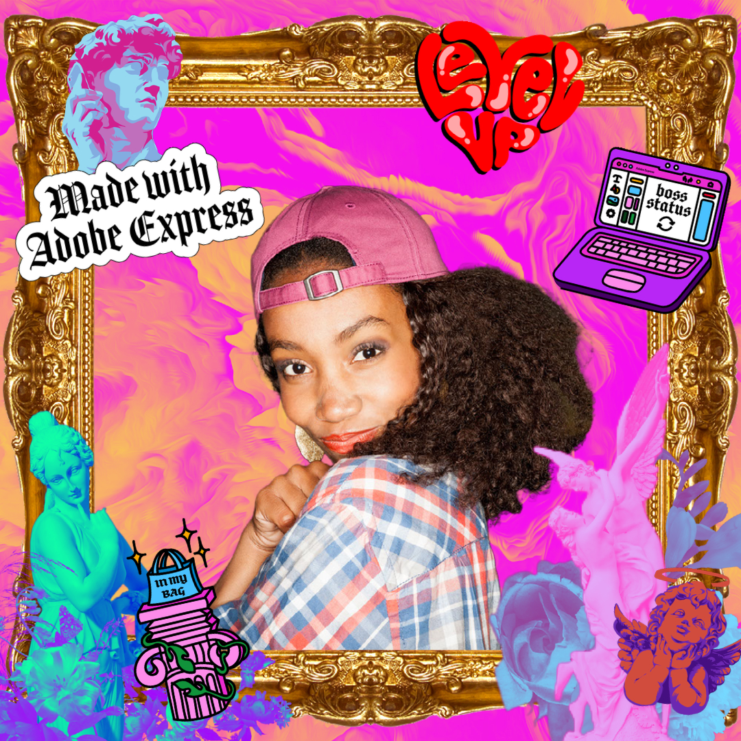 Photo of woman surrounded by gold frame and illustrations of a laptop, cherubs, hearts, and more.