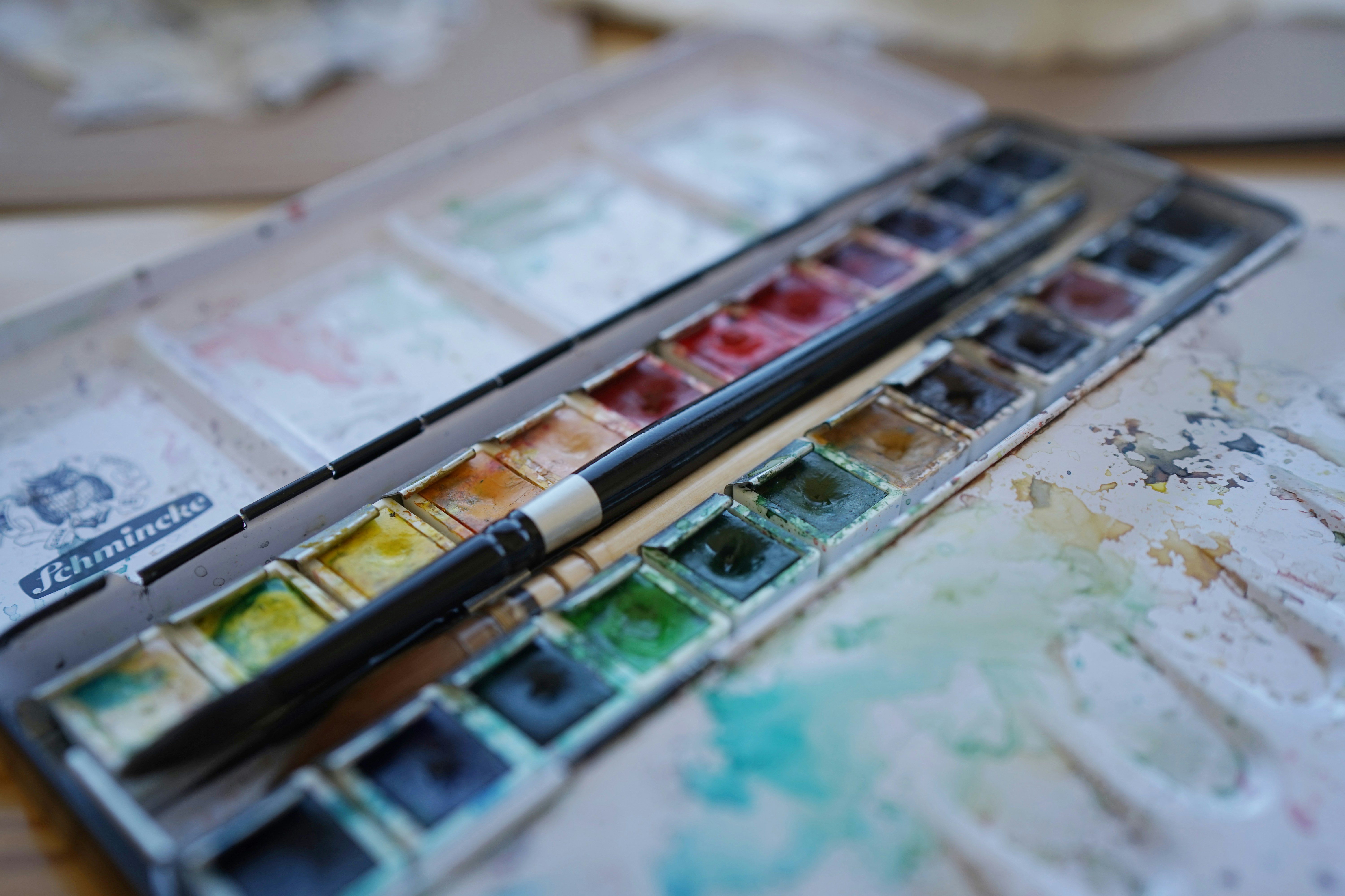 Box of watercolors on a table