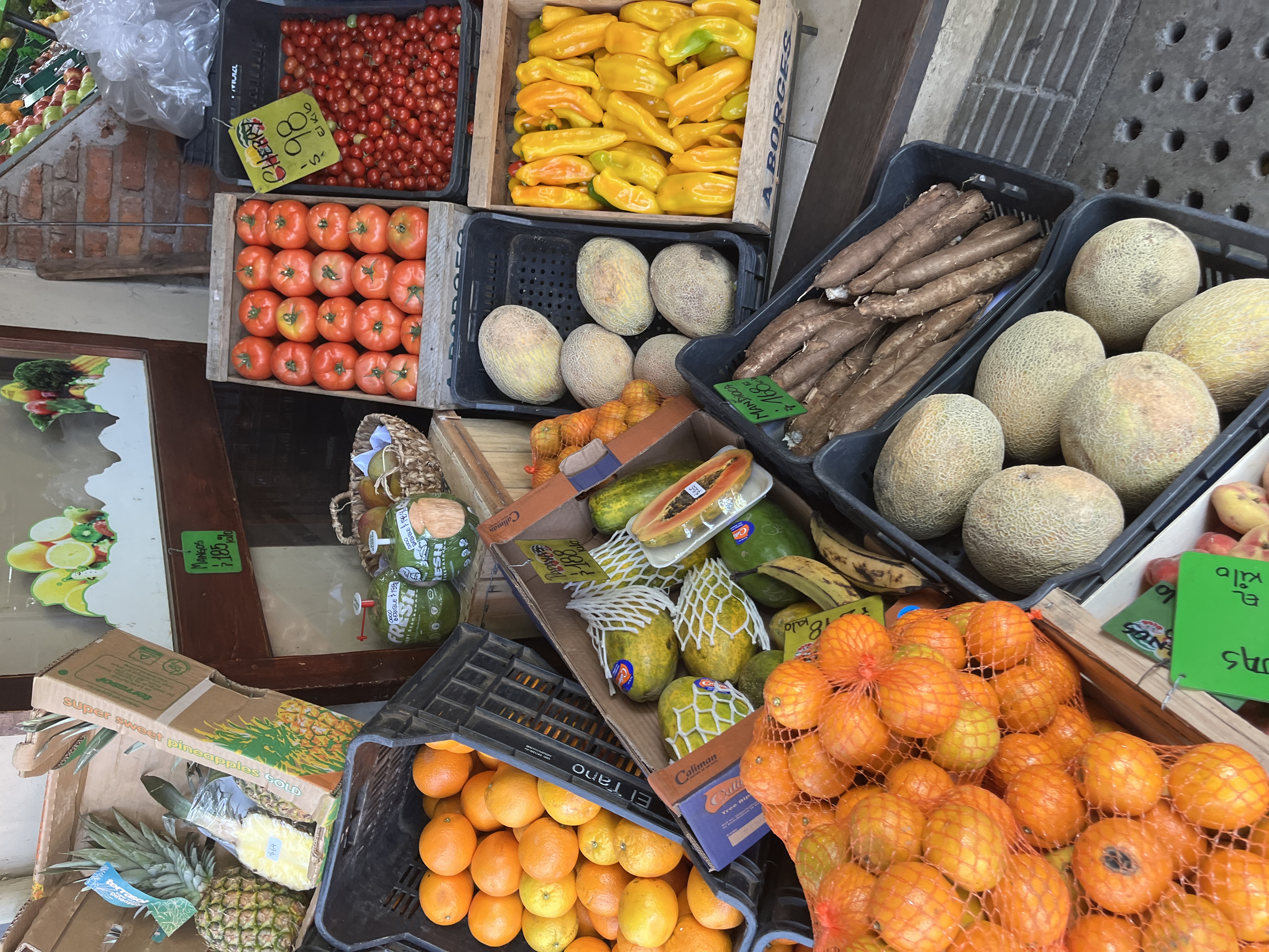 Baskets of fruit sit in crates along a stoned path