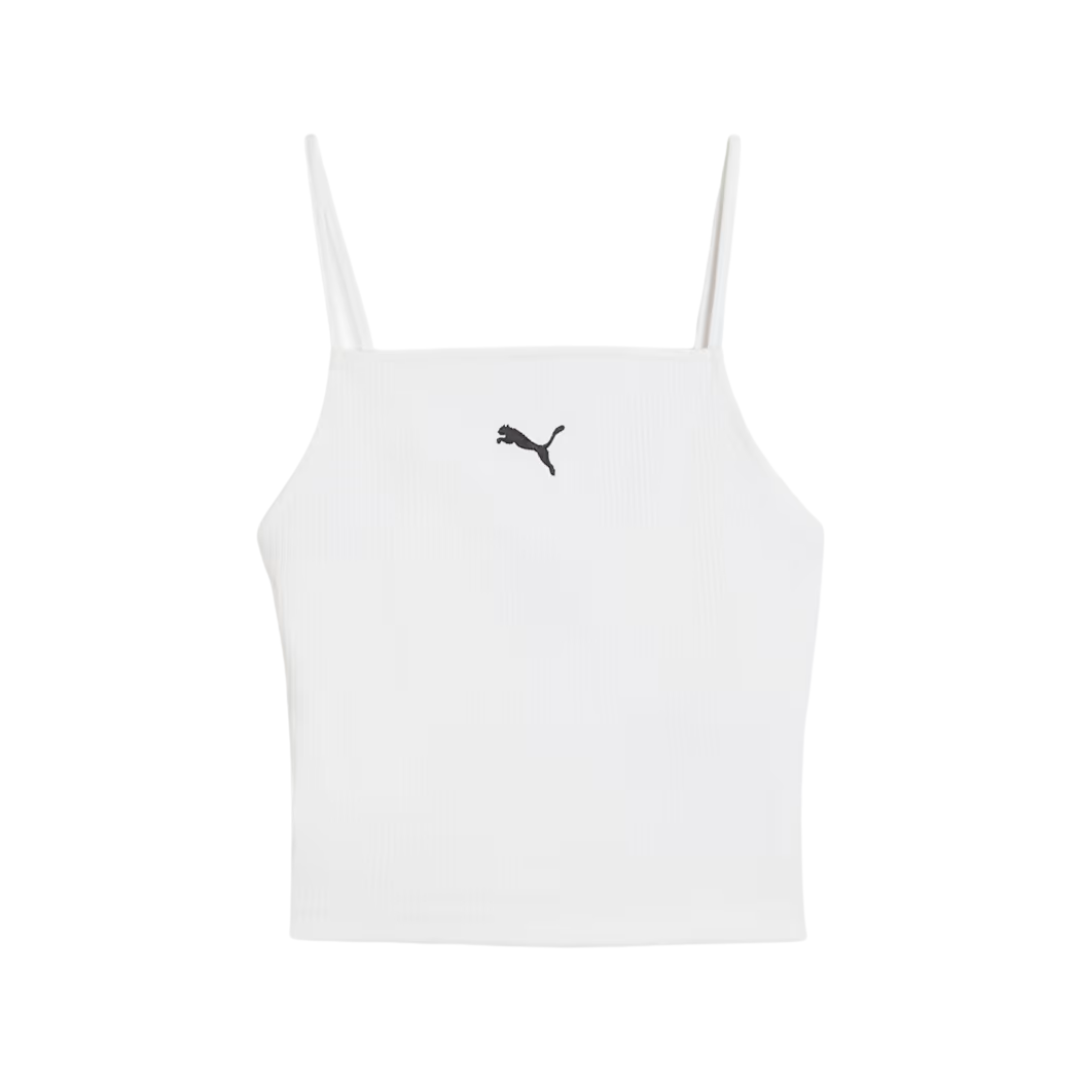 White camisole with thin straps and a small black PUMA logo in the center. The fabric appears ribbed, creating a casual and sporty look.