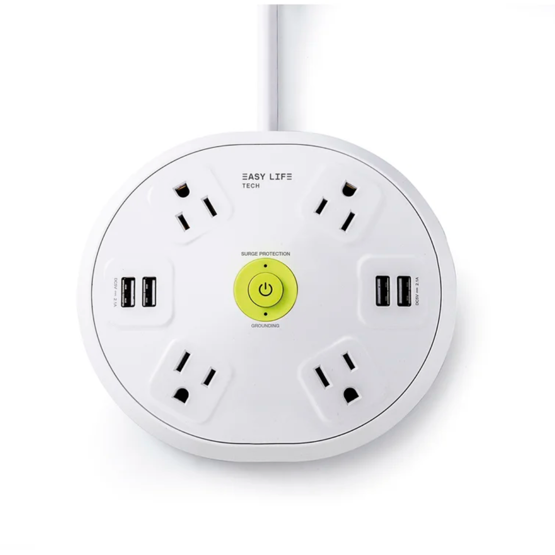 round white power strip with four outlets and four USB ports