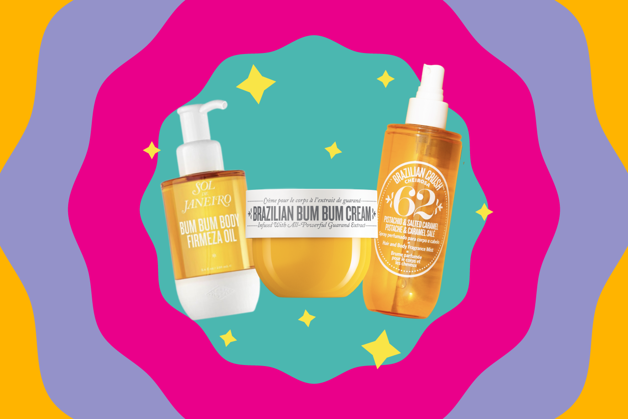 Sol de Janeiro body oil, body cream, and perfume on a colorful background