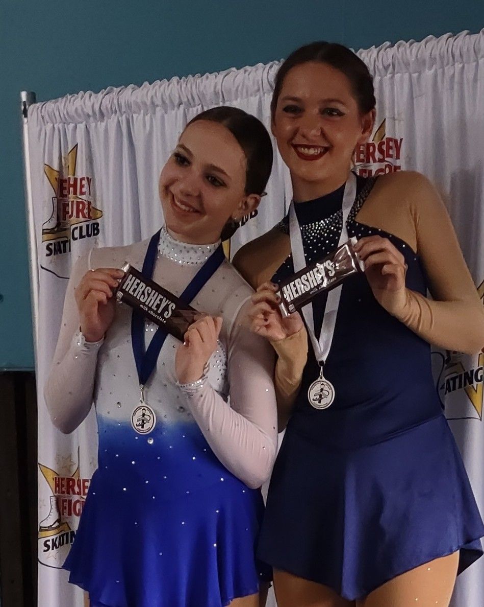Two figure skaters holding Hershey bars