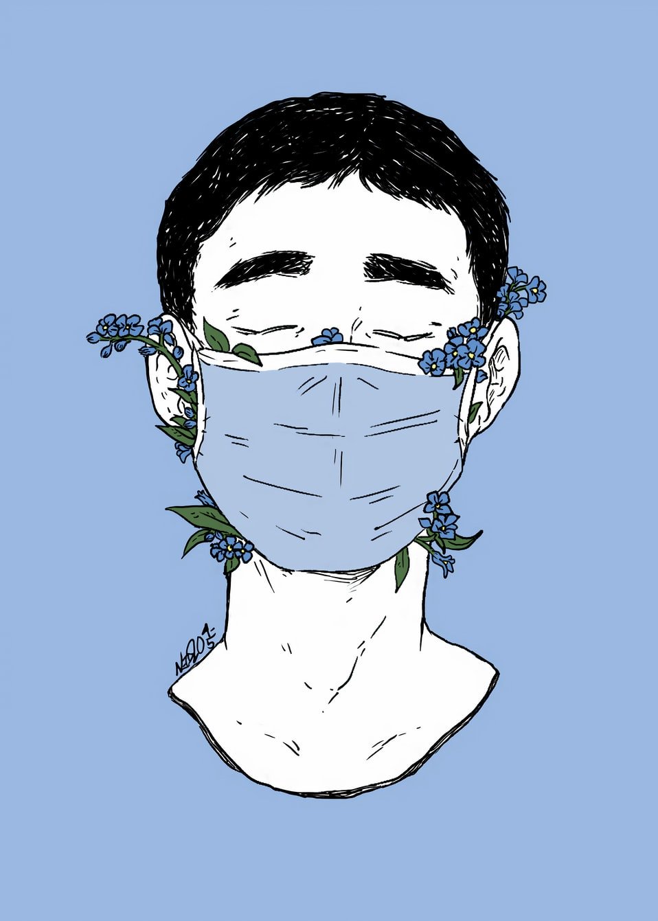 forget-me-nots coming out of a mask
