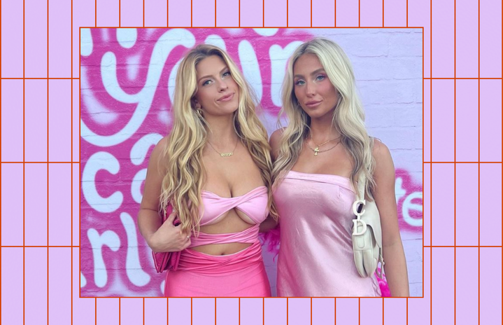 Alix Earle and Xandra Pohl posing in front of pink backdrop.