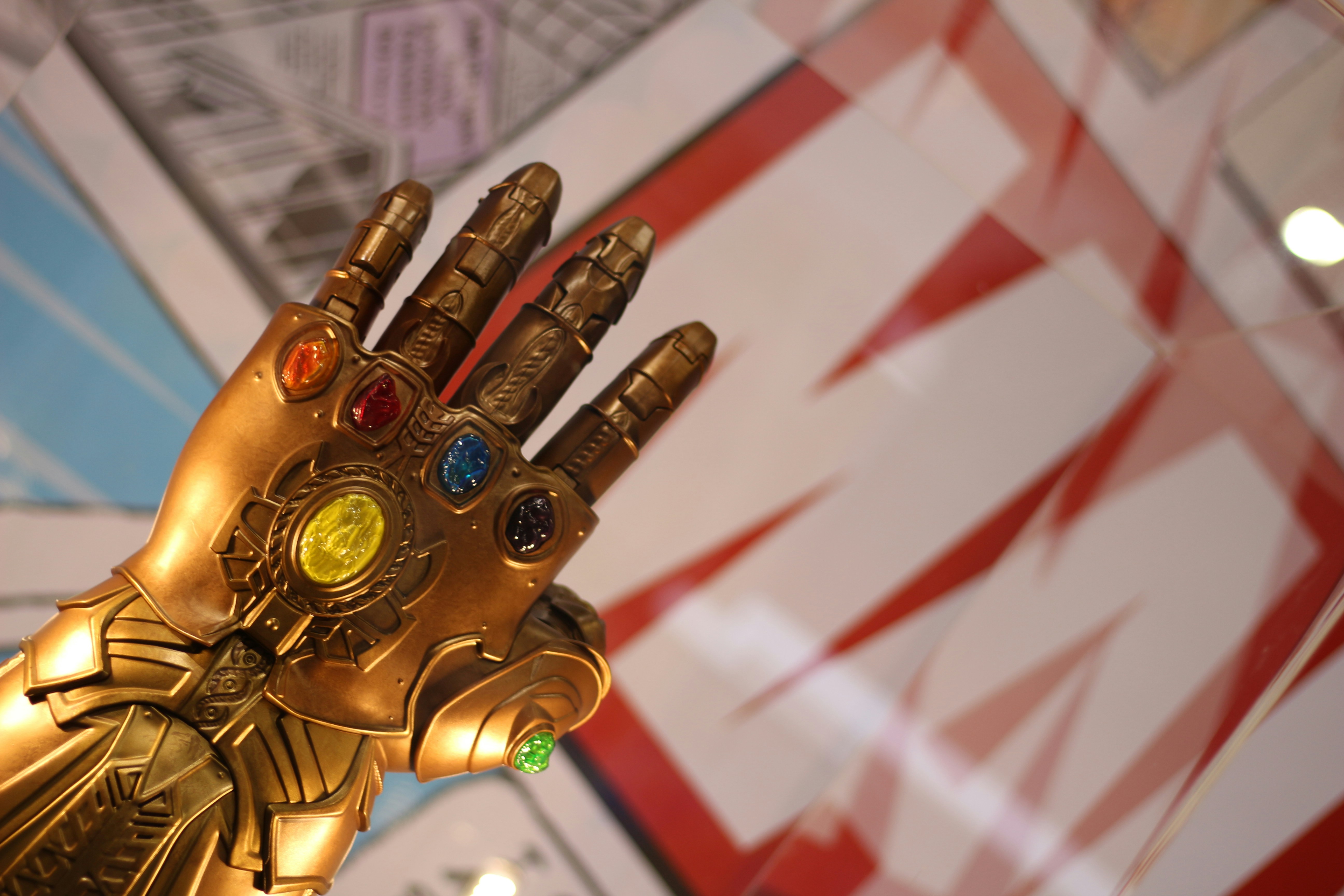 A movie prop/glove is pictured, specifically the infinity stone gauntlet from Marvel Studios\' \"Infinity War\"
