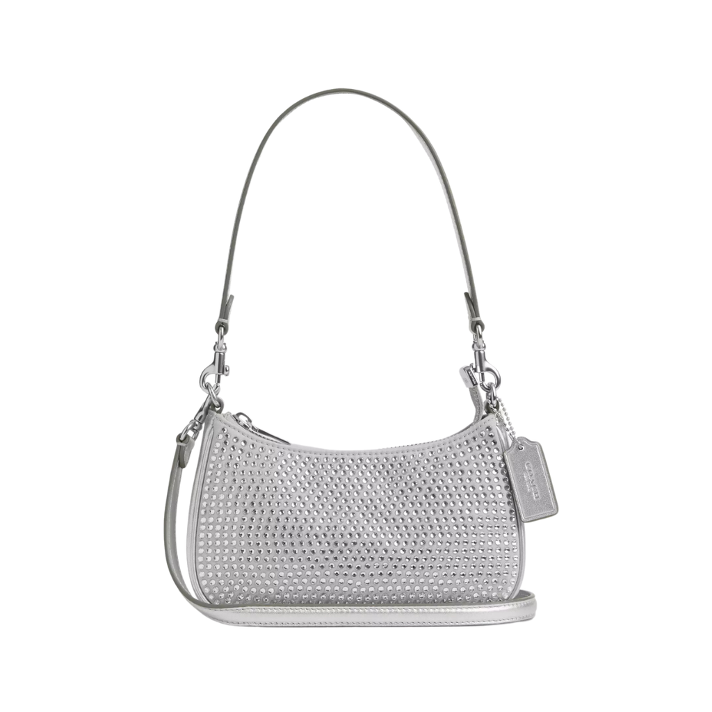 A silver bedazzled shoulder bag