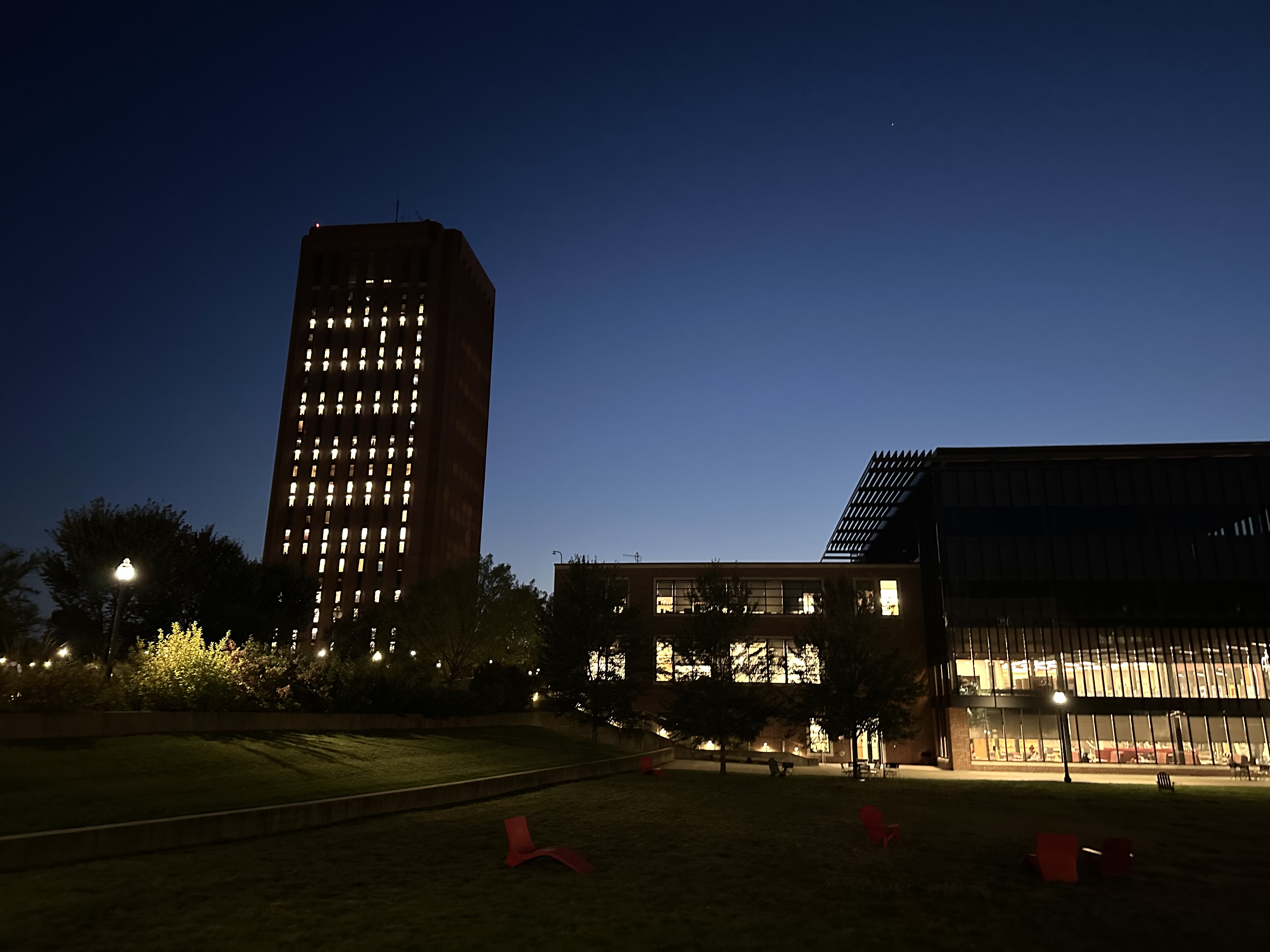 UMass library and student union at night