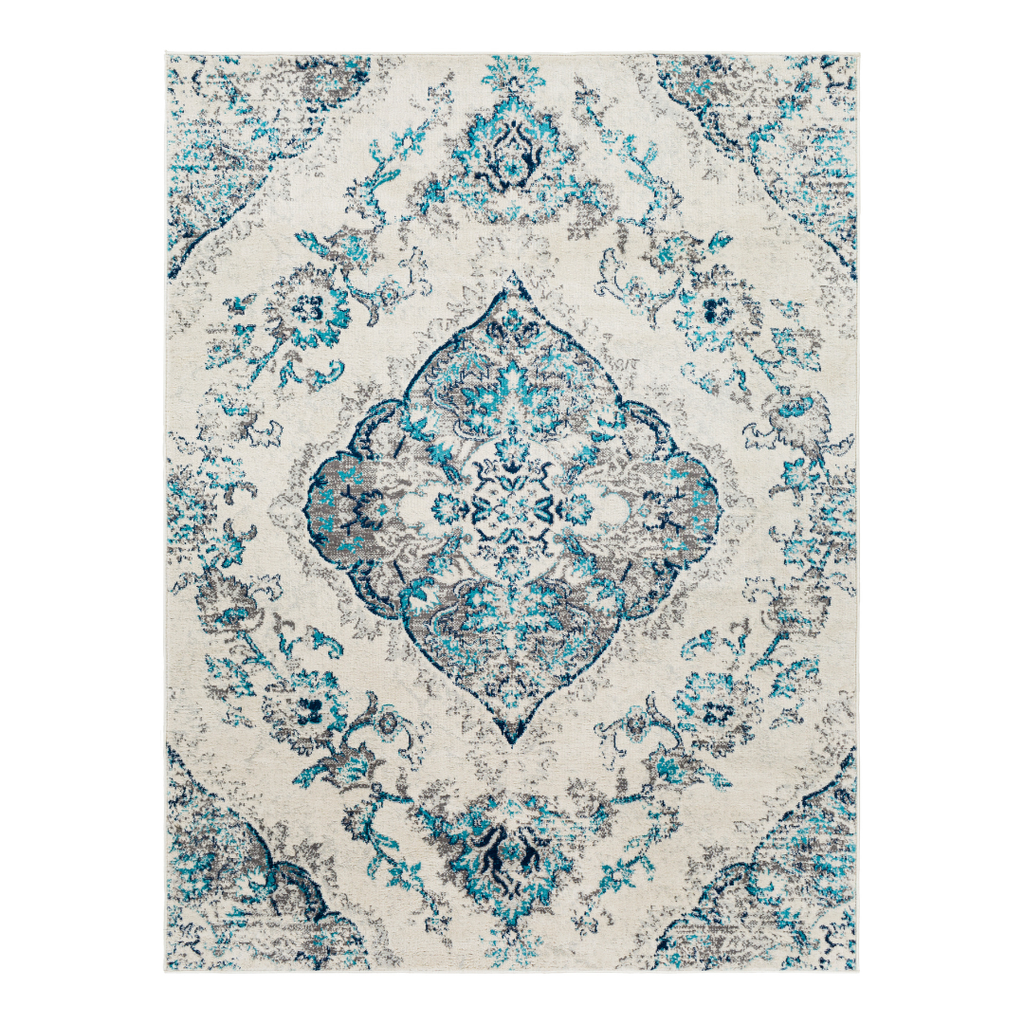 blue-toned rug with traditional pattern