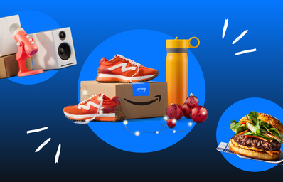 amazon products and boxes with holiday decorations on a blue background