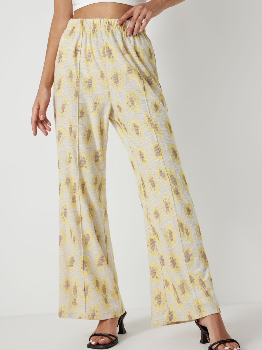 Cider High Elastic Waist Floral Wide Leg Trousers