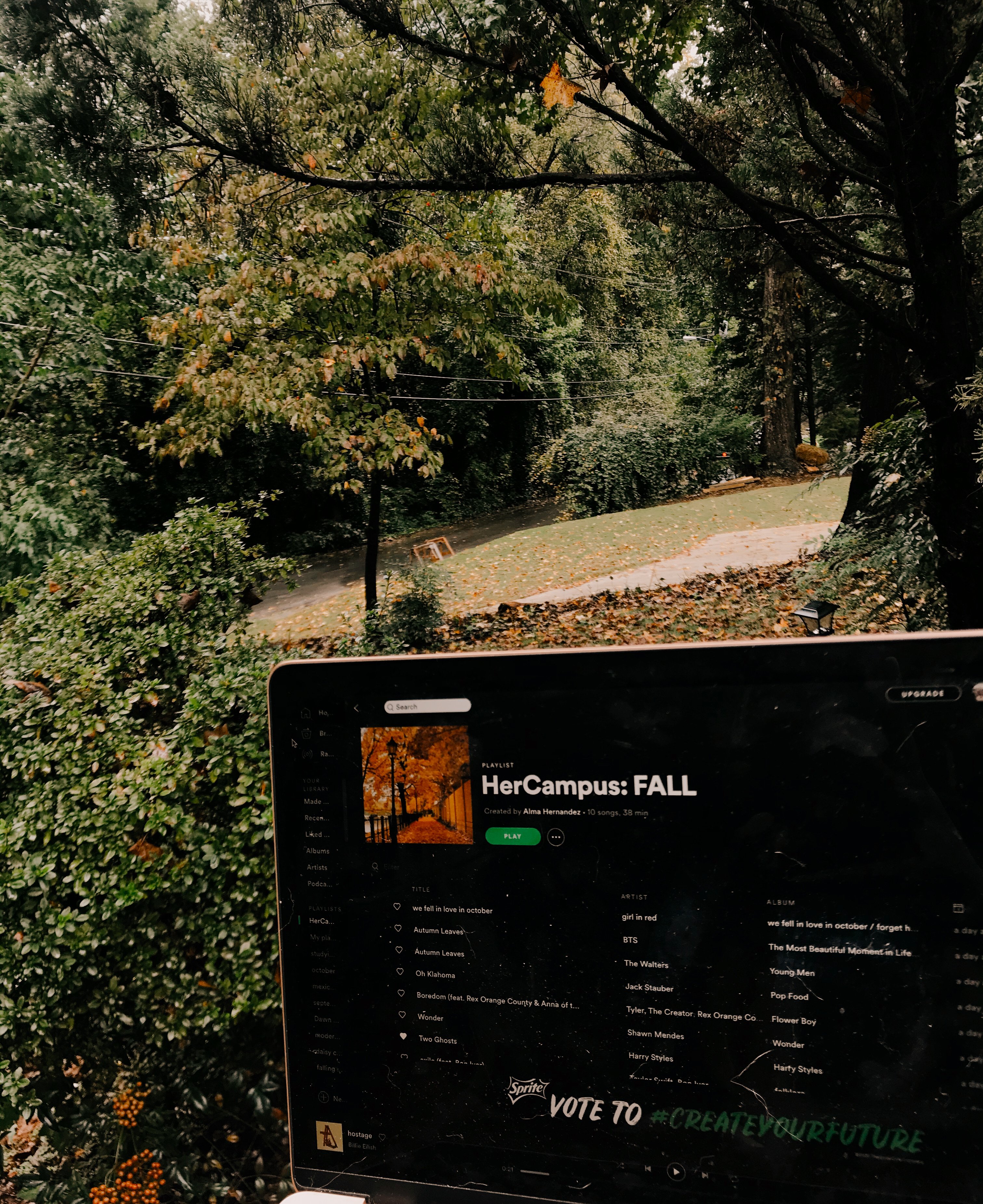 spotify laptop screen outside in nature