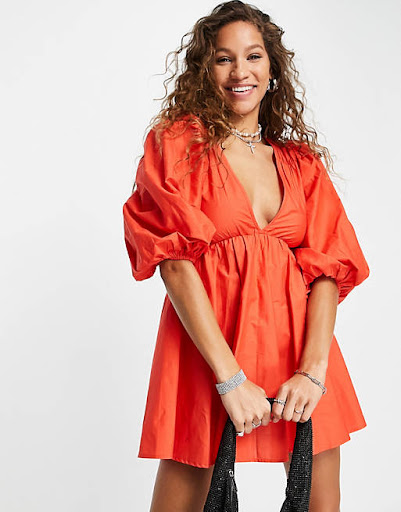 orange puffy sleeve dress spring outfits