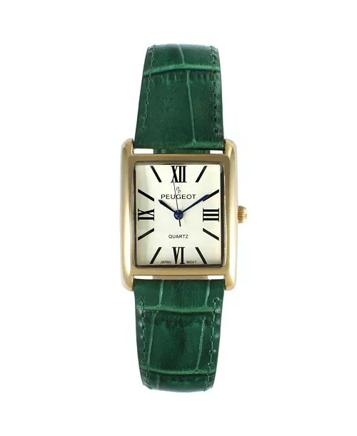 Peugeot Women’s Tank Watch Roman Dial Green Leather Strap