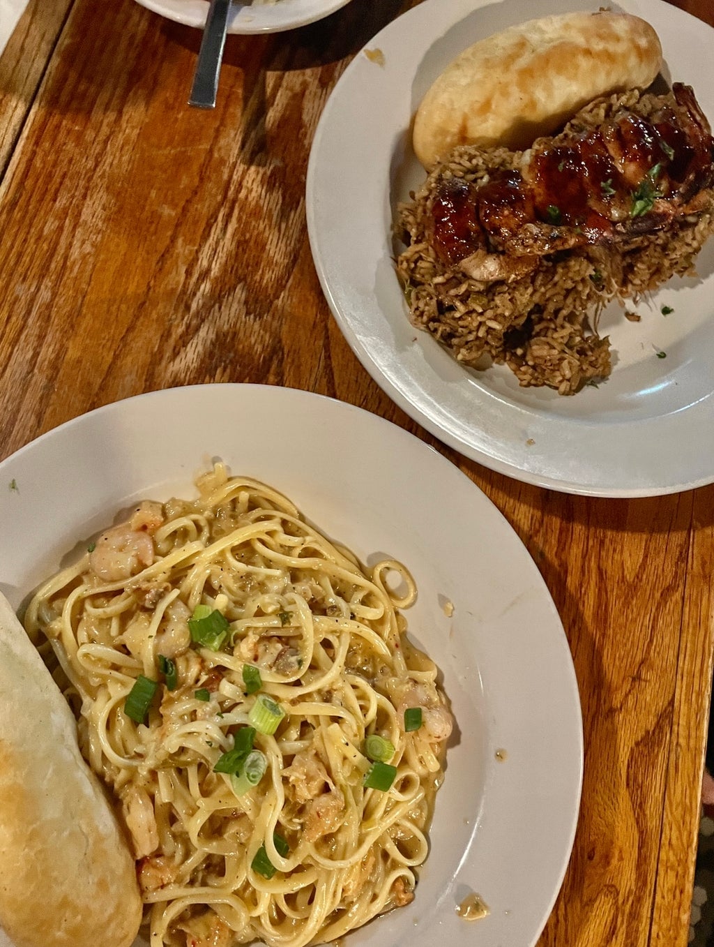 Seafood Pasta and Bacon Wrapped BBQ Shrimp & Jambalaya from The Chimes.