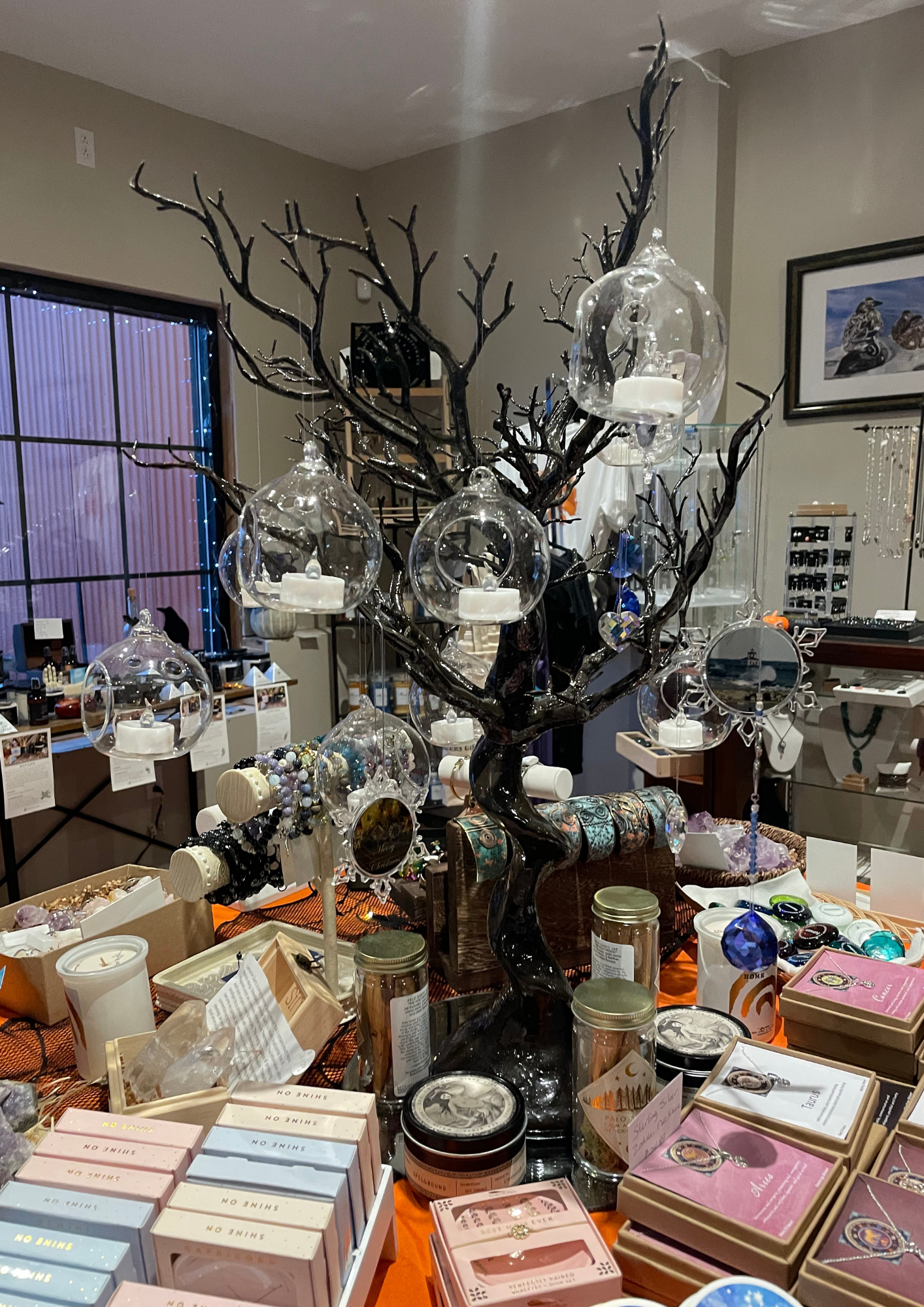 Photograph inside 3 Sisters Gifts, jewelry is shown