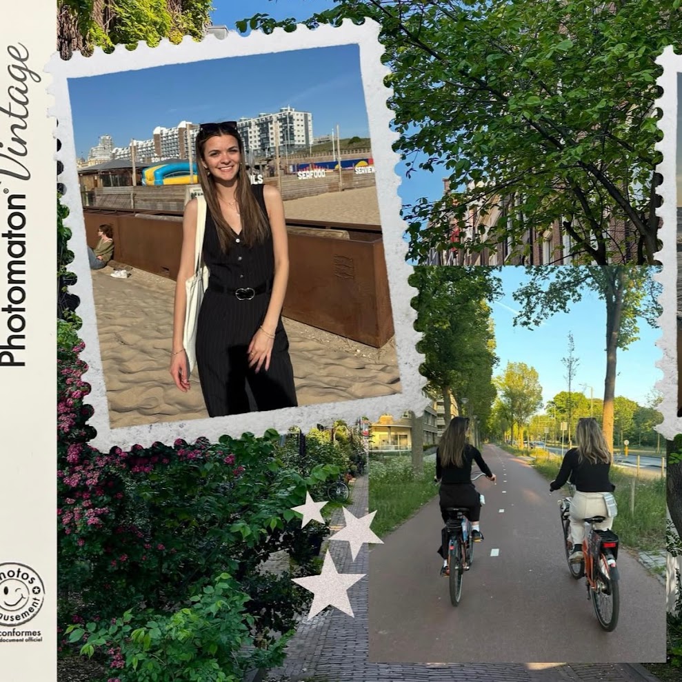 A slide of an Instagram carousel that features cut out graphics as well as original photos of a trip to Europe.