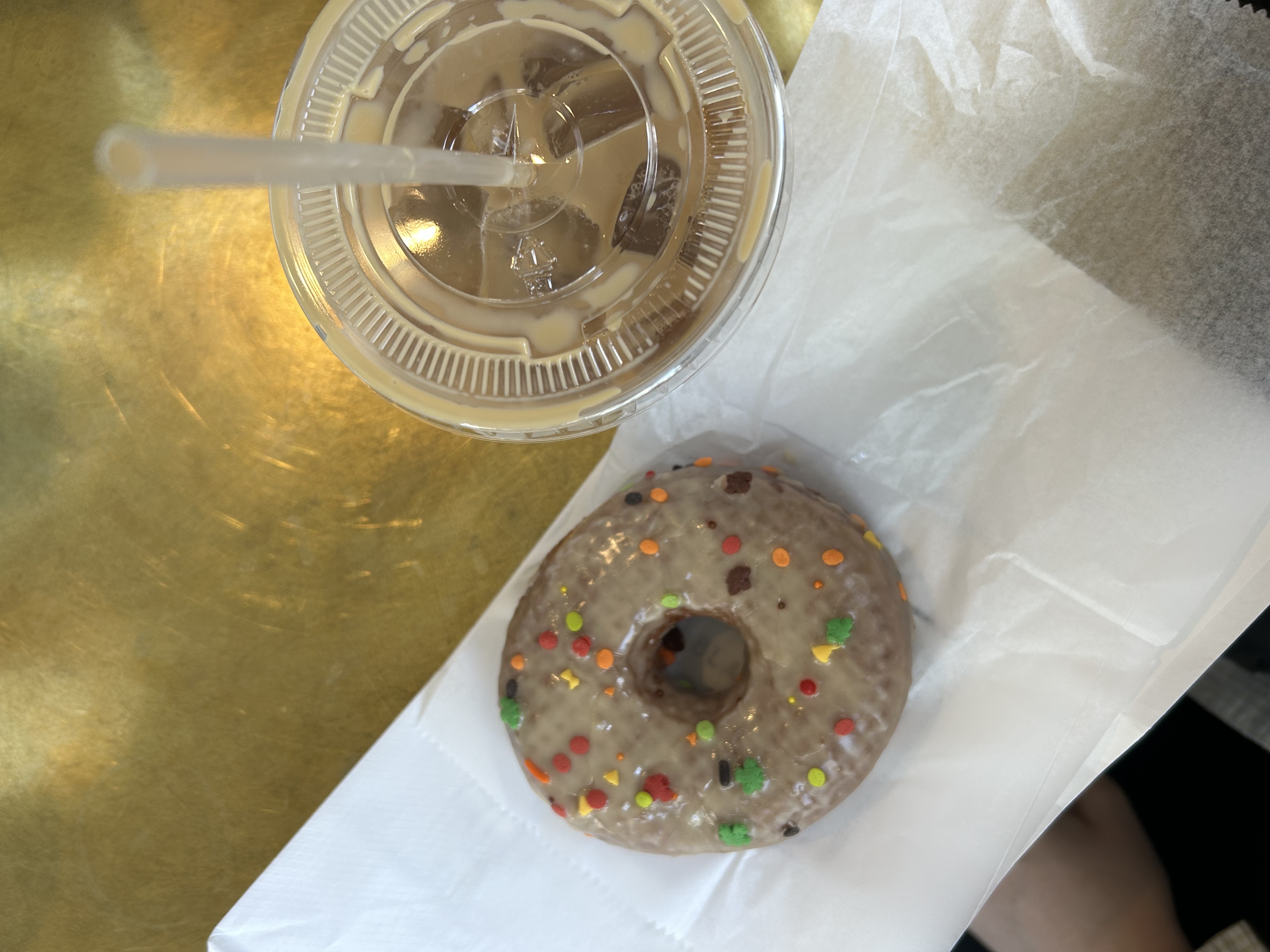 fall themed doughnut and iced coffee cup