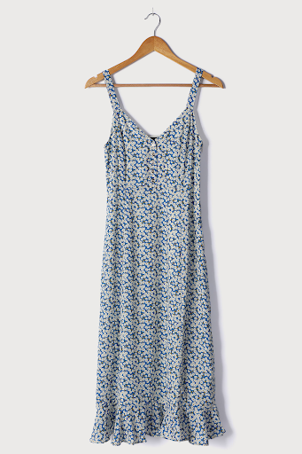 Darling Daisies Blue Floral Print Midi Dress, blue floral dress