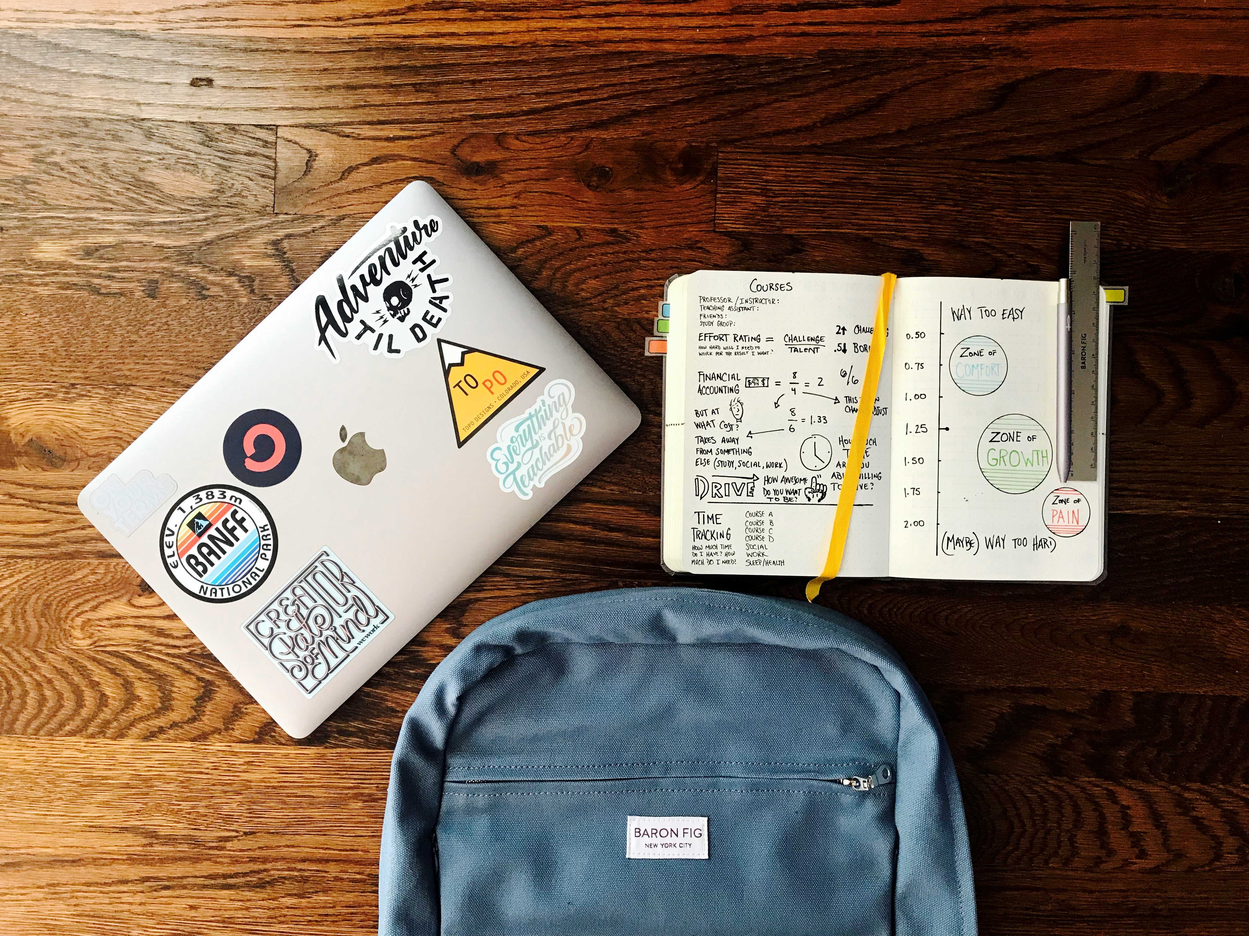 notebook, laptop, and backpack