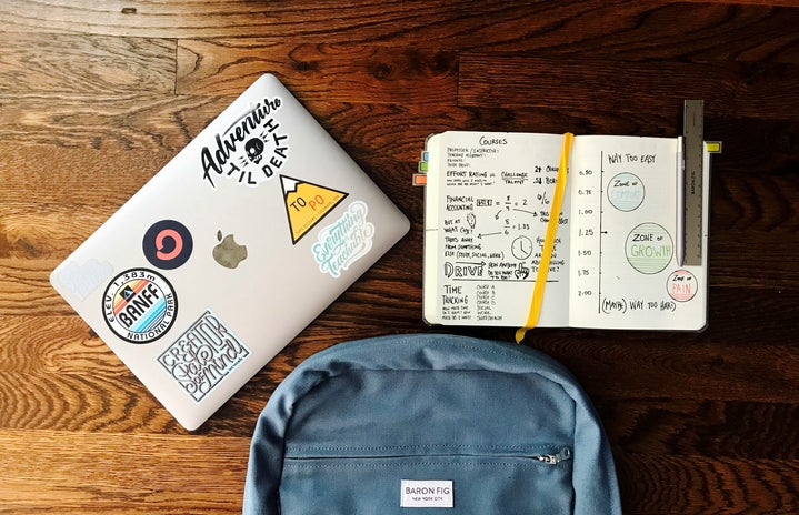 notebook, laptop, and backpack