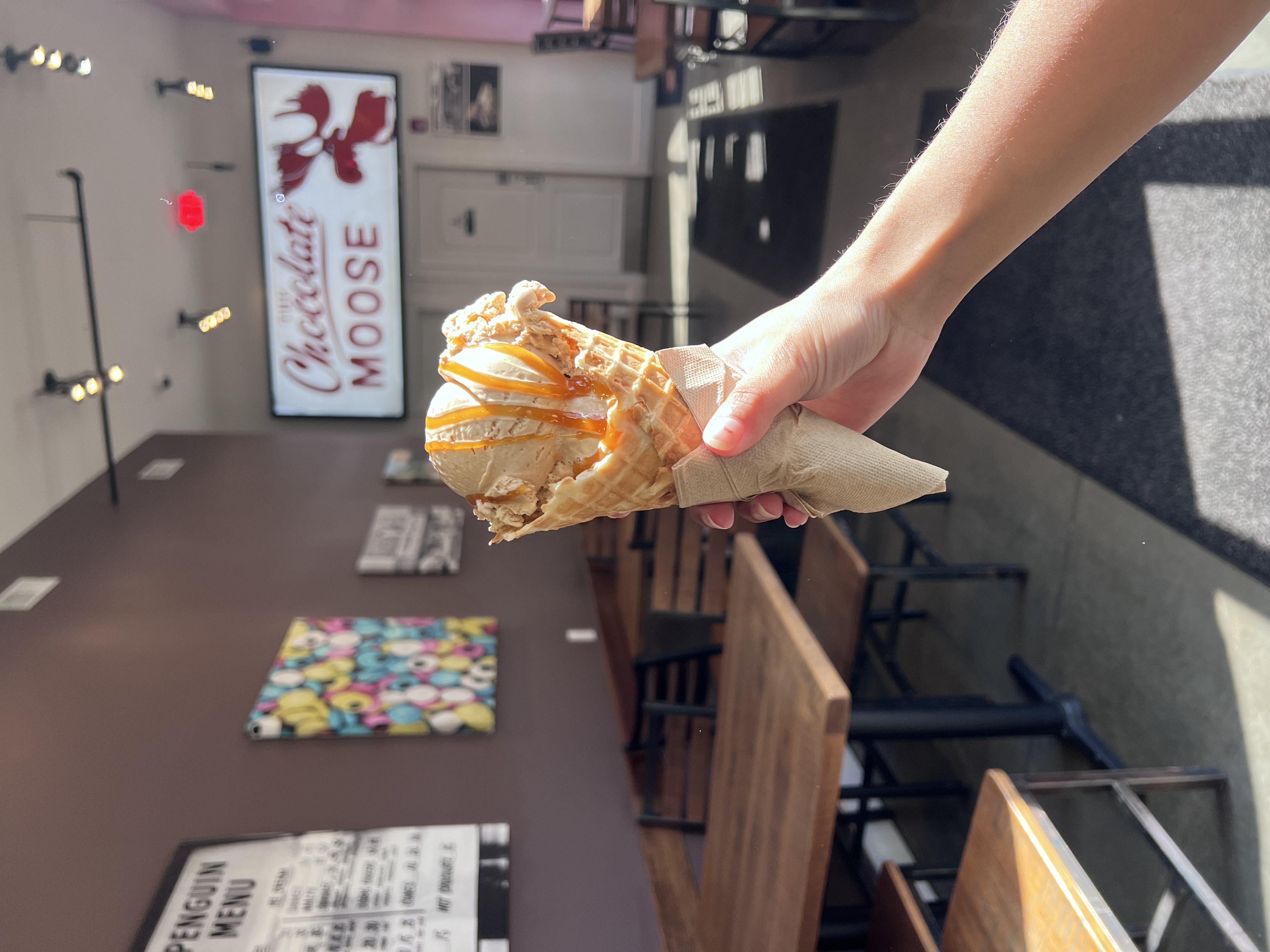 Caramel ice cream in a waffle cone