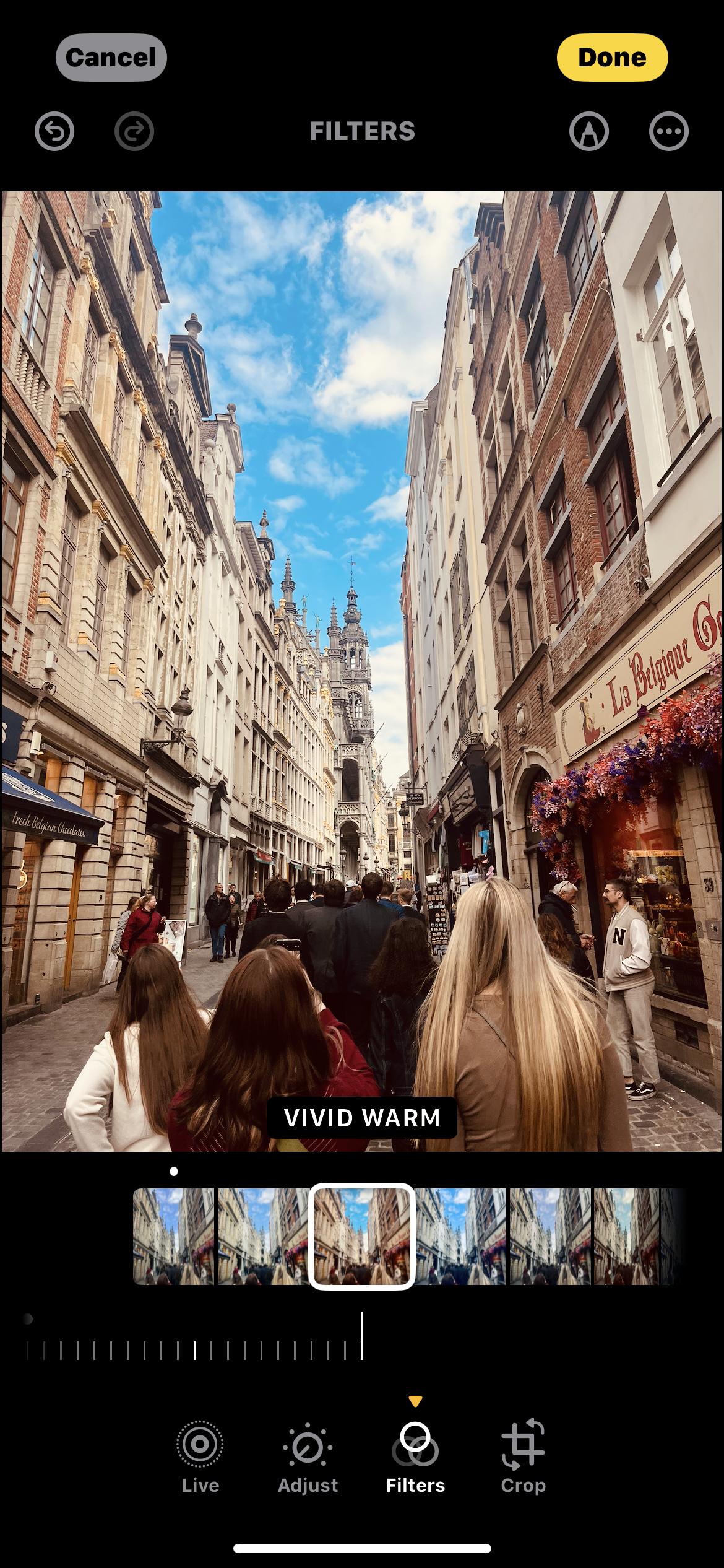 A street in Brussels, Belgium with a \'vivid warm\' iPhone filter placed over it
