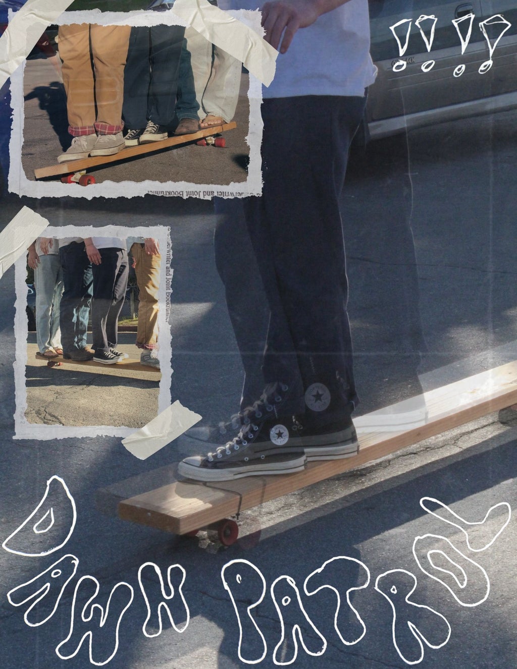 Skateboard image collage with Dawn Patrol written over