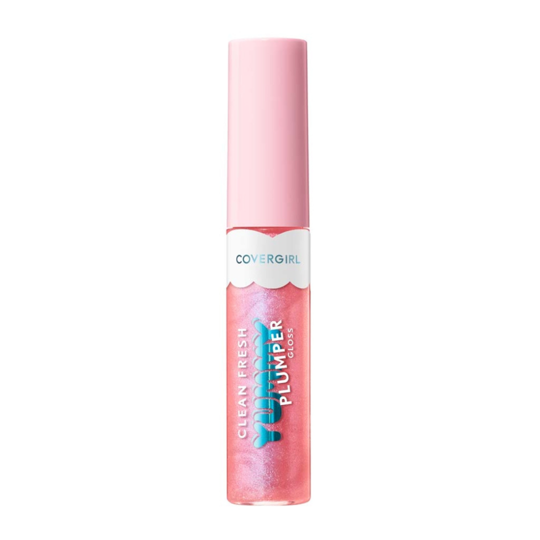 A tube of CoverGirl Clean Fresh Yummy Gloss with a light pink cap and a pink shimmering gloss inside. The text on the tube reads Clean Fresh Yummy Plumper Gloss.