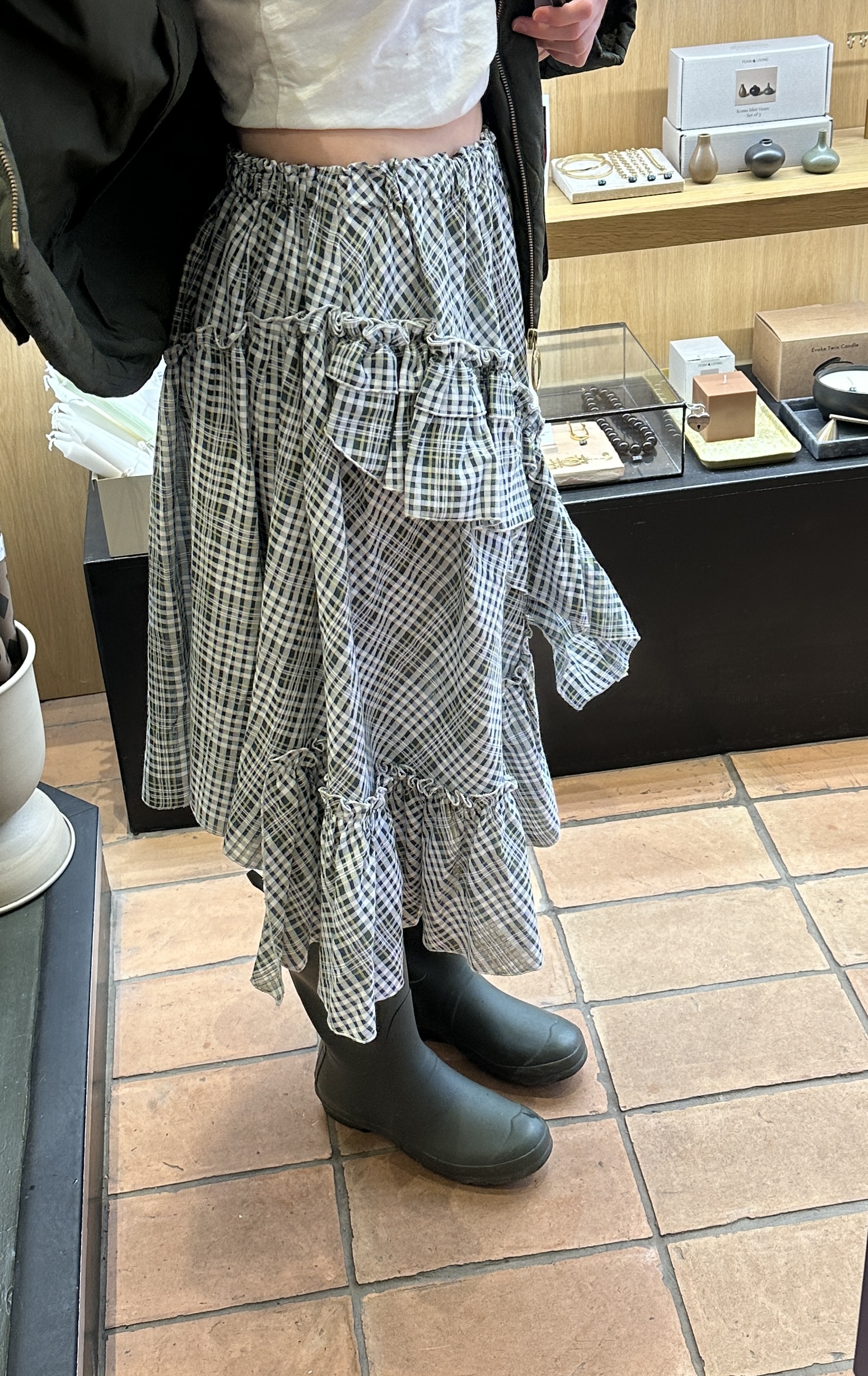 Me wearing my cute skirt and my welly boots