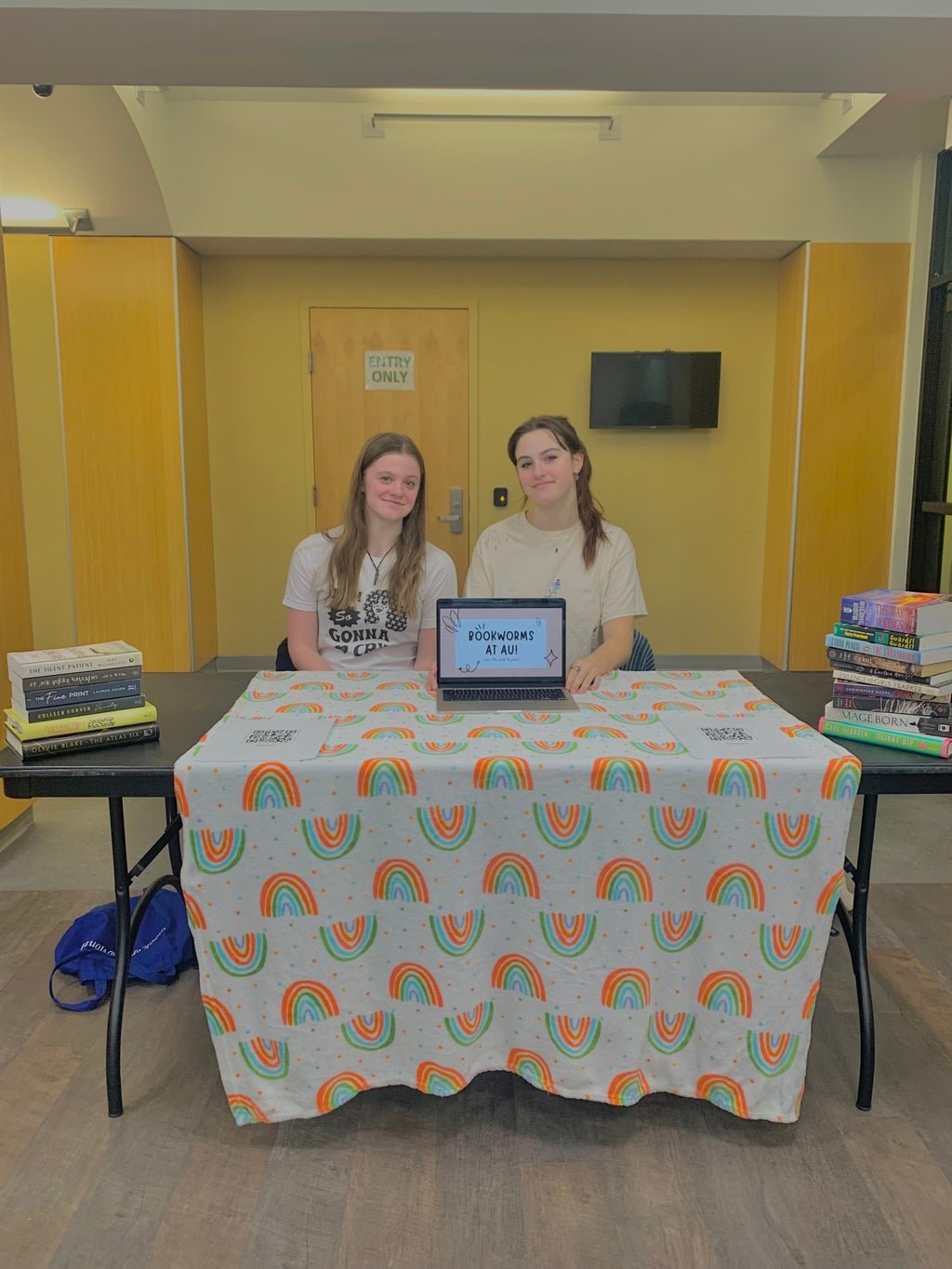 Mallory Horner (Right) and Ella Provins (Left) at Bookworms@ AU\' involvement fair table