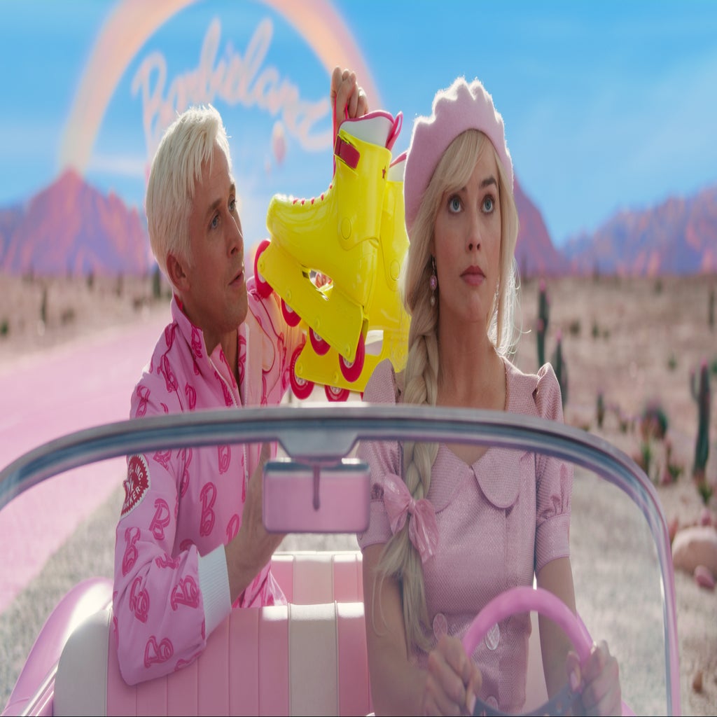 ryan gosling and margot robbie in barbie movie trailer