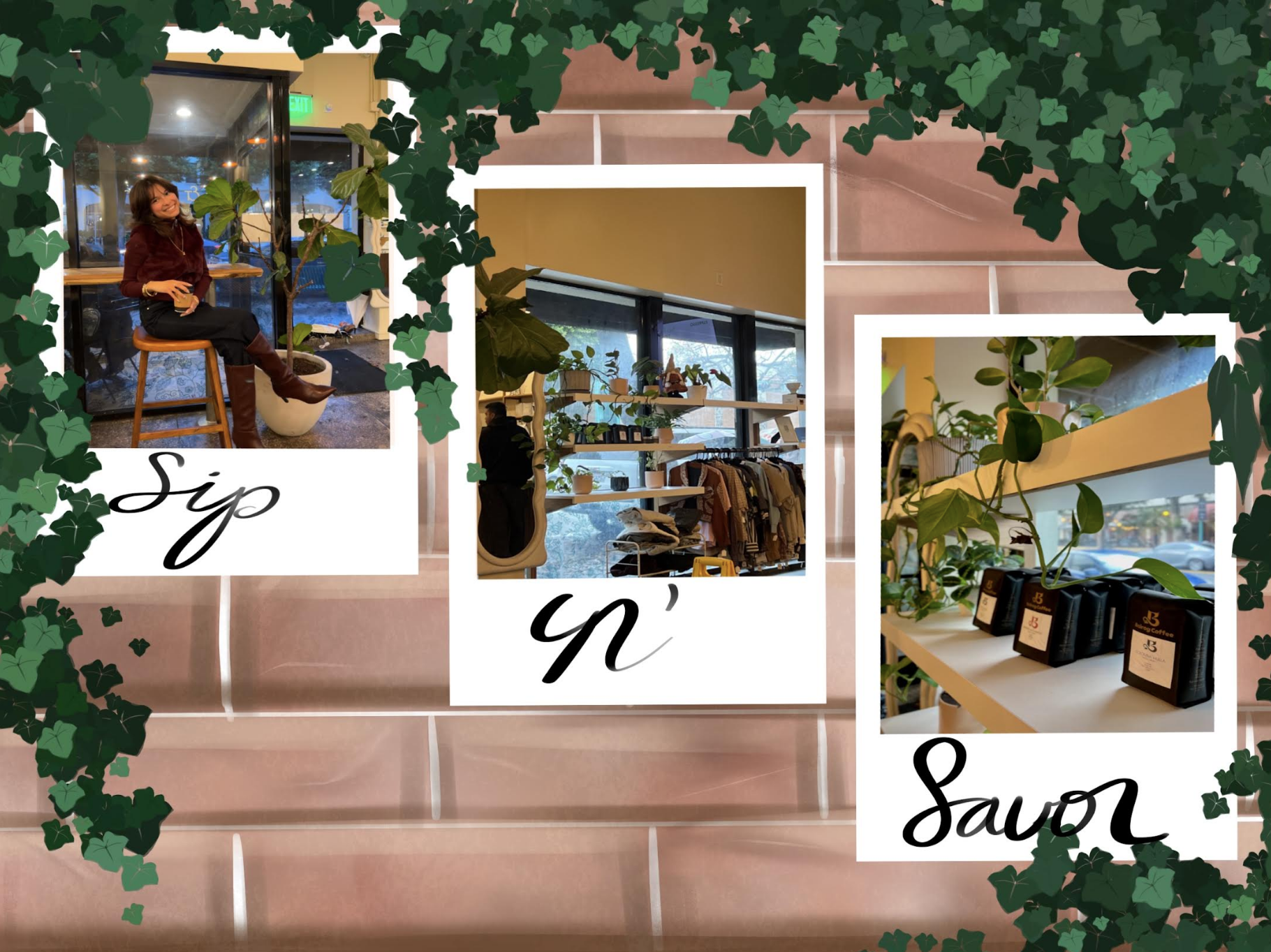 Collage of images of a coffee shop with a leaves background