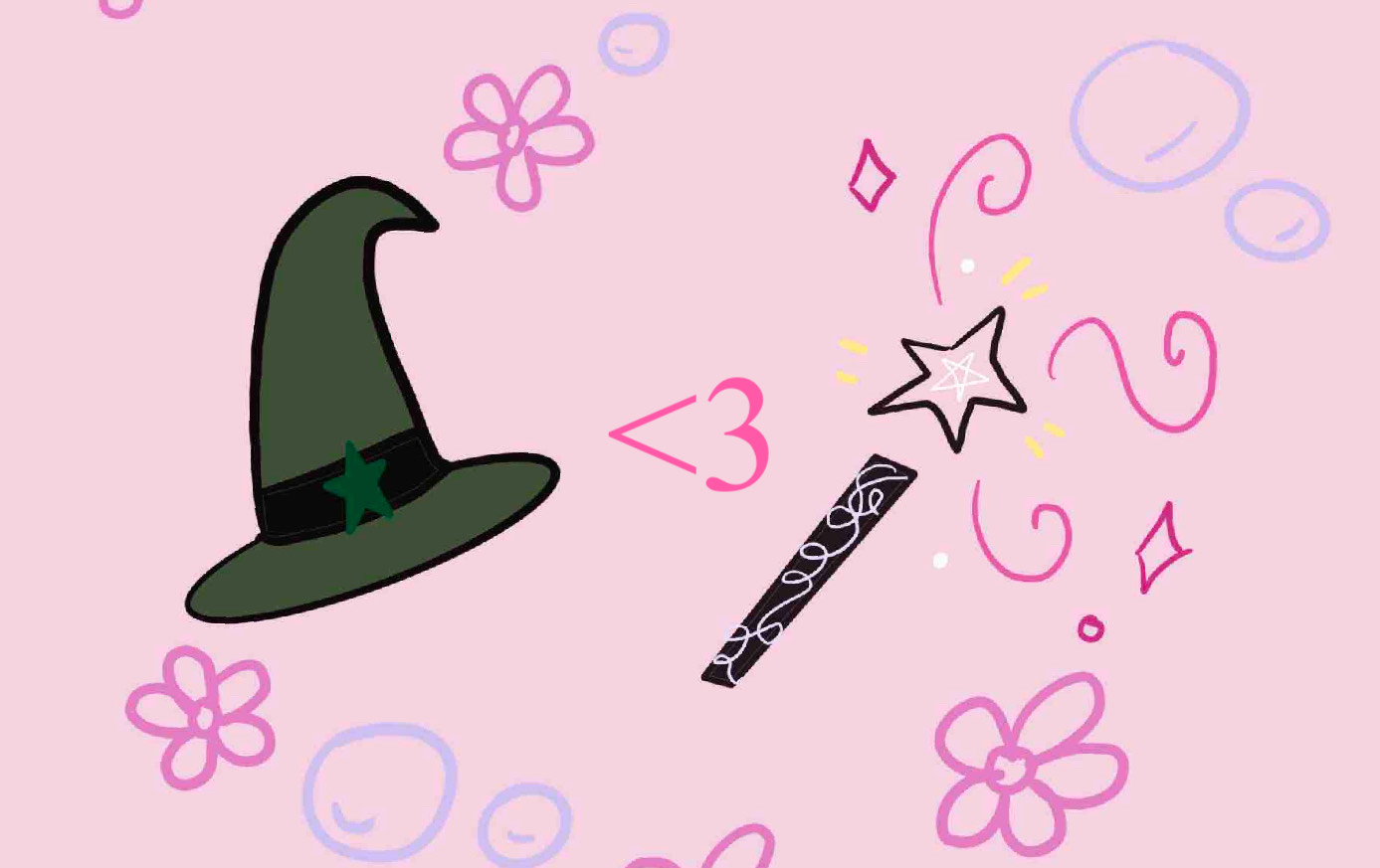 Pink background, hand drawn hat and wand