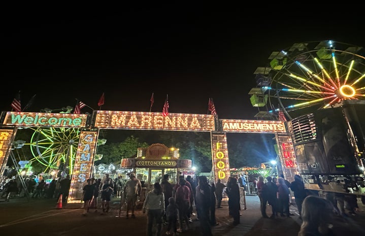 Photo of fair festival at night with lights and ferris wheel